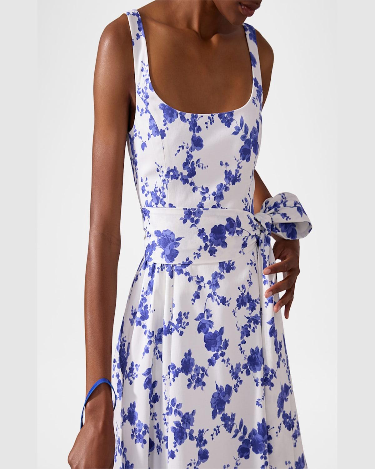 CAROLINA HERRERA Sleeveless Scoop Neck Midi Dress With Sash In White Multi Product Image