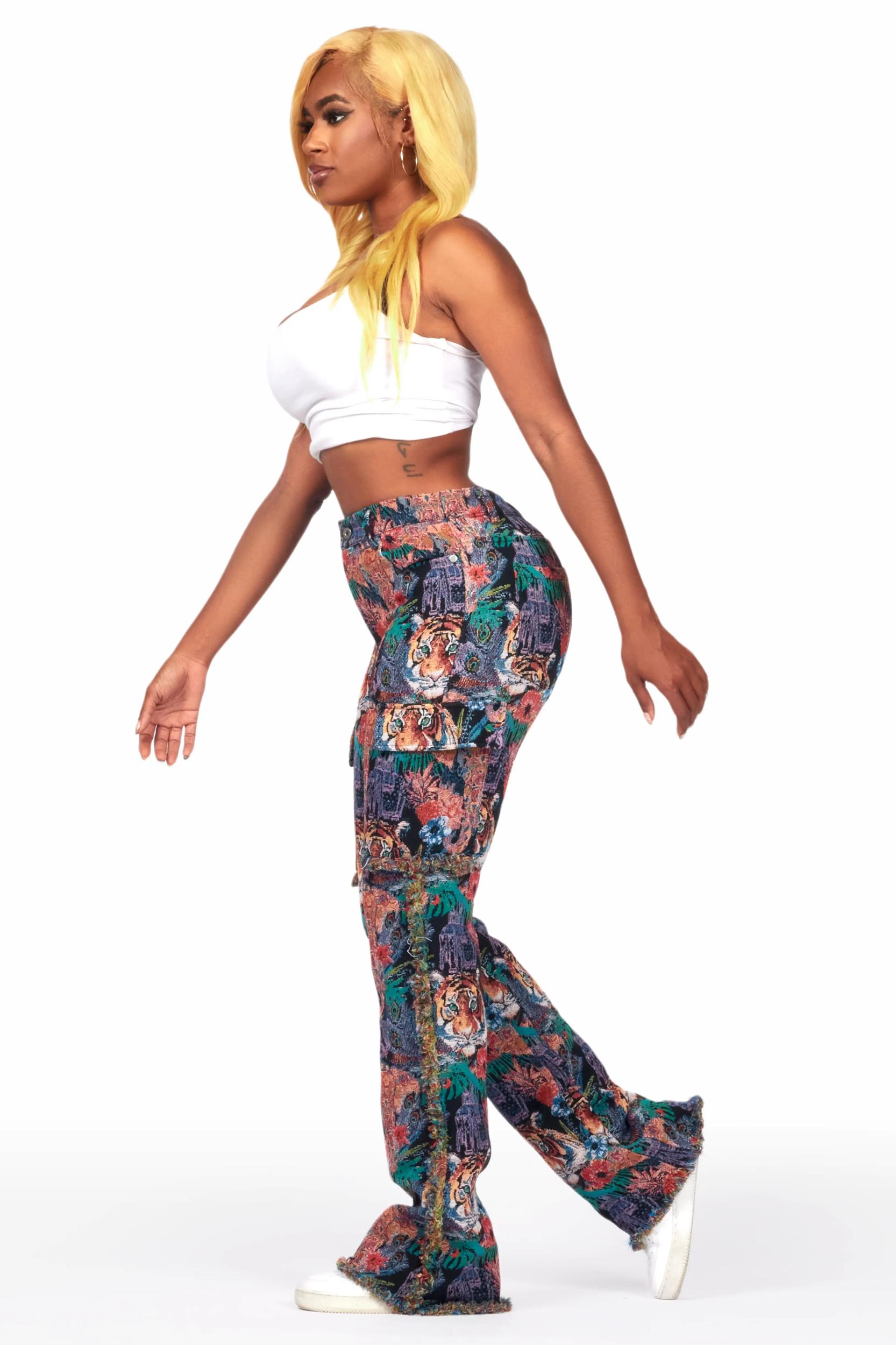 Rena Black Tapestry Stacked Pant Female Product Image