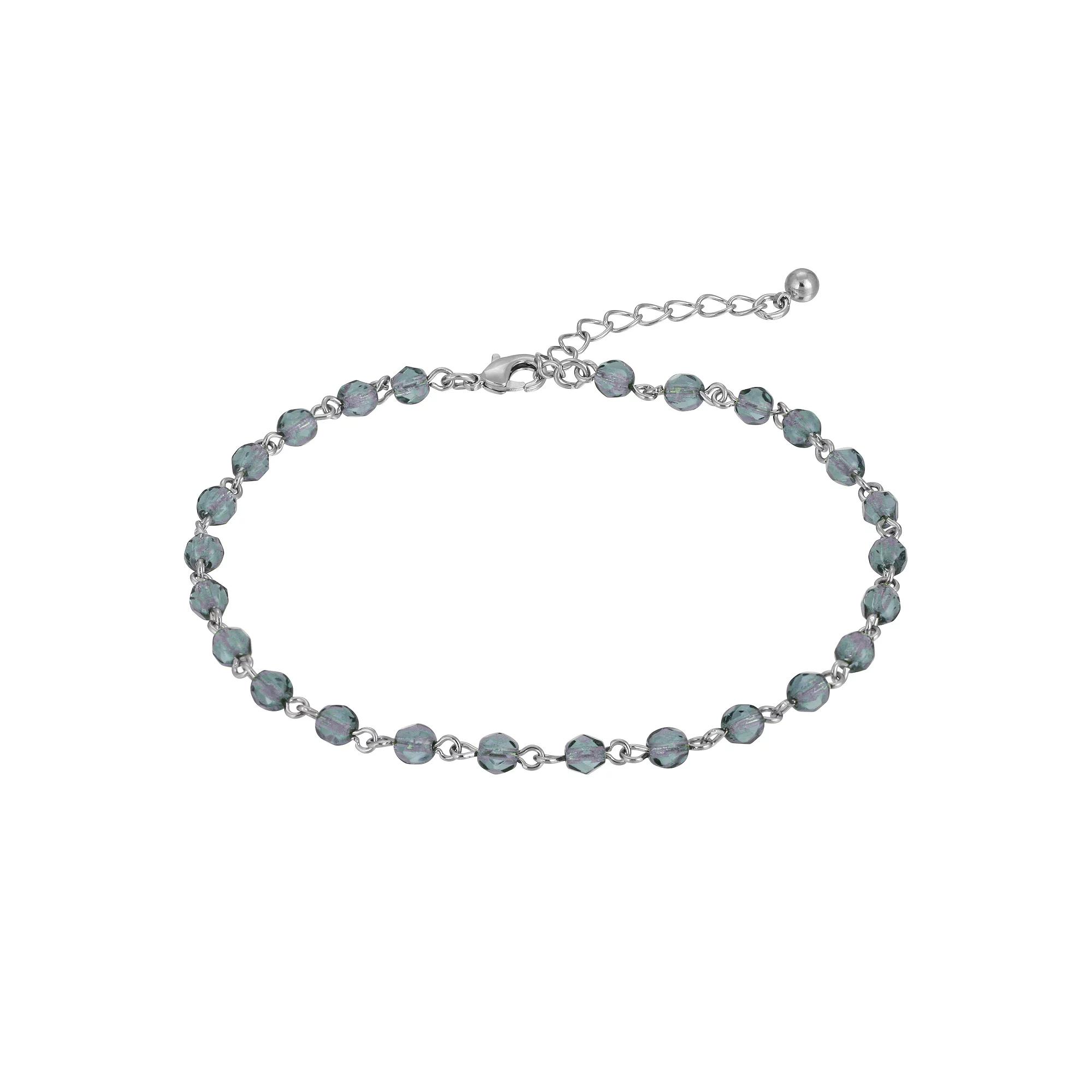 1928 Silver Tone Blue Beaded Chain Anklet, Womens Product Image