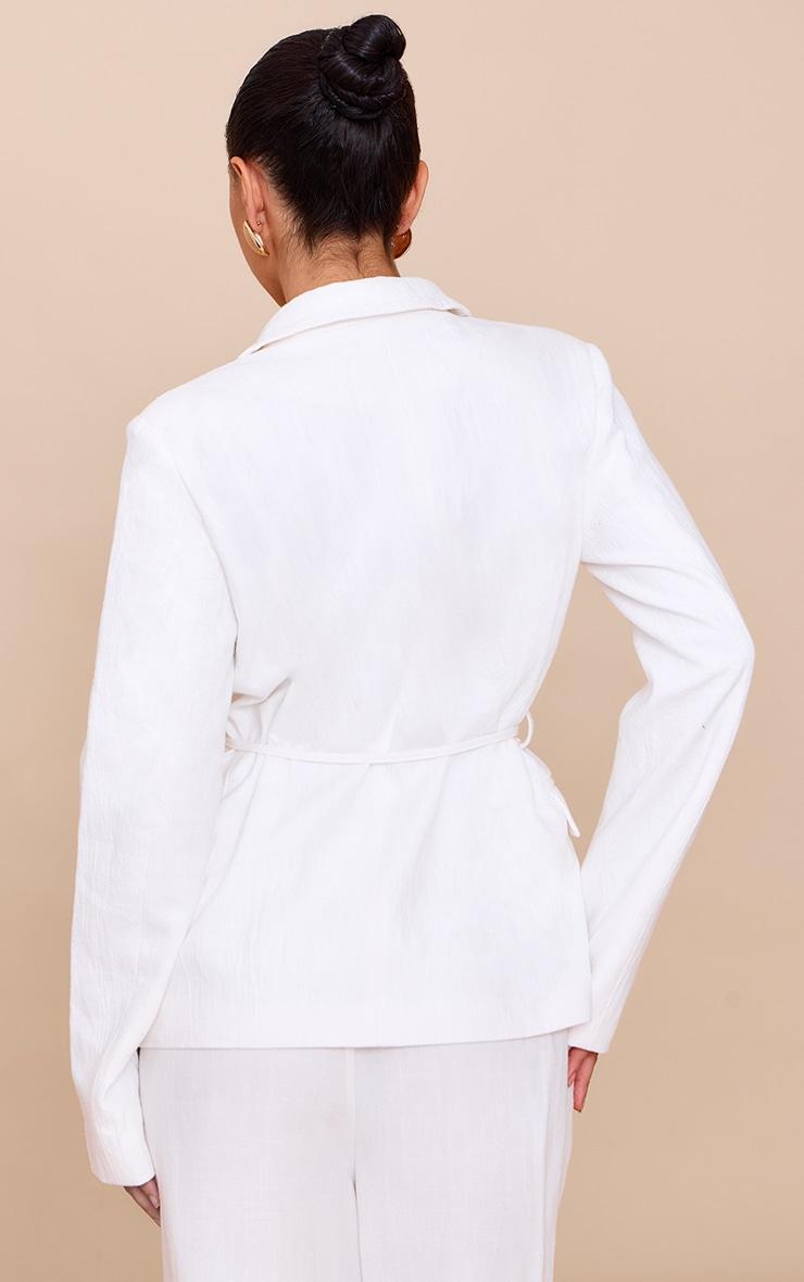 Off White Linen Look Tie Waist Blazer Product Image