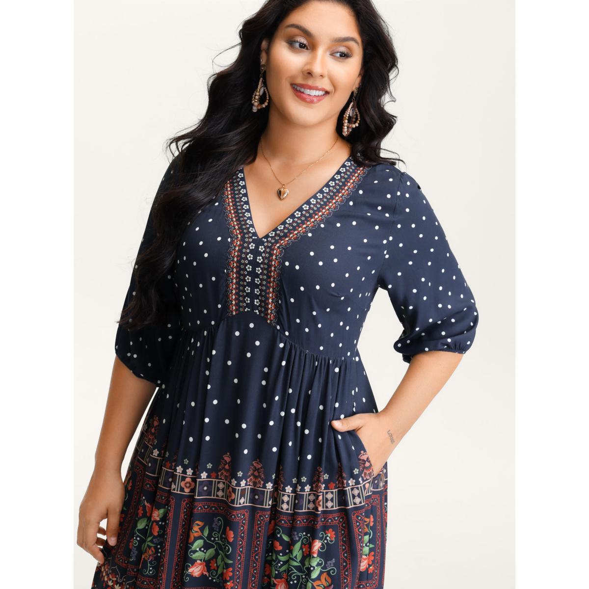 Plus Size Boho Floral Print Pockets Contrast Maxi Dress DarkBlue Women Boho V-neck Elbow-length sleeve Curvy BloomChic 18-20/2X Product Image