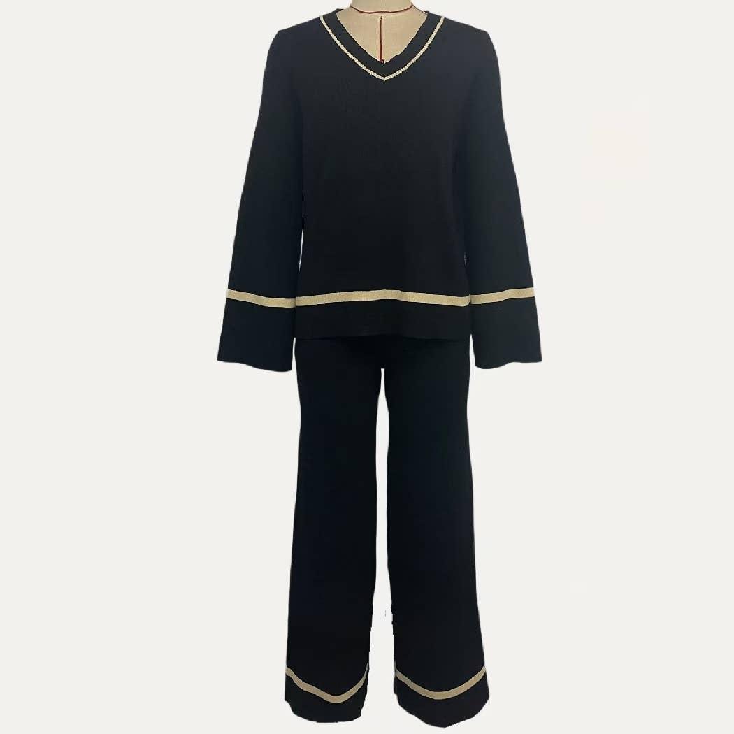 Chic Black Knit Top Wide-Leg Pants Two Piece Set Product Image