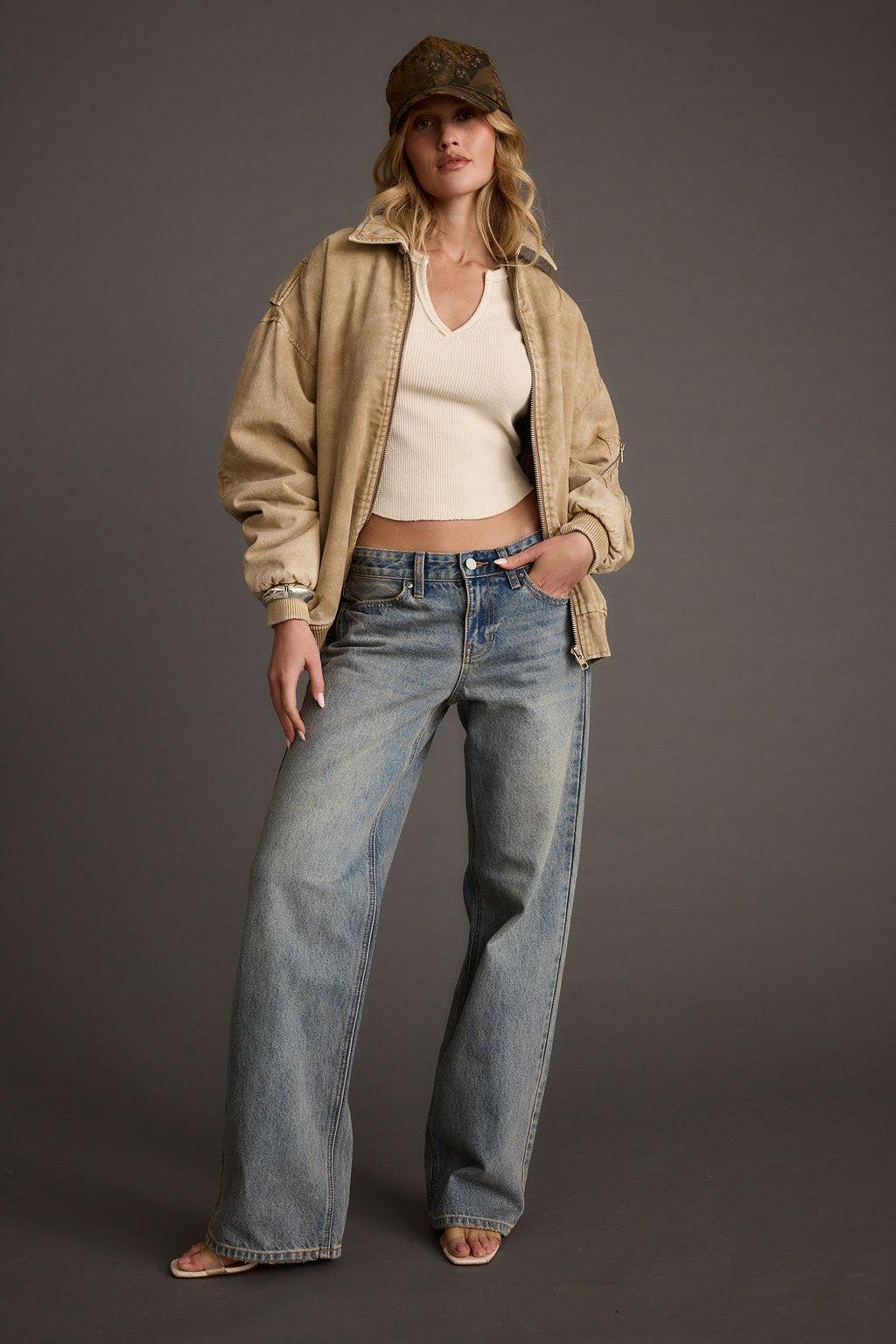 Sawyer Washed Tan Oversized Bomber Jacket Product Image