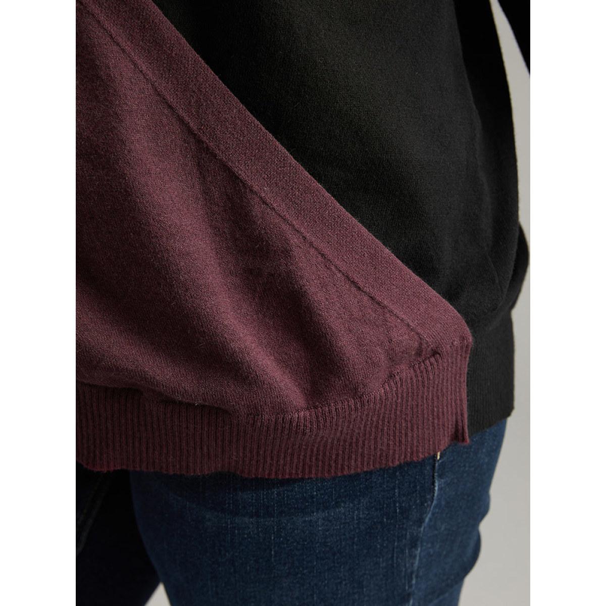 Plus Size Supersoft Essentials Colorblock Surplice Neck Elastic Hem Pullover Burgundy Women Casual Loose Long Sleeve V-neck Everyday Pullovers BloomChic 14-16/1X Product Image