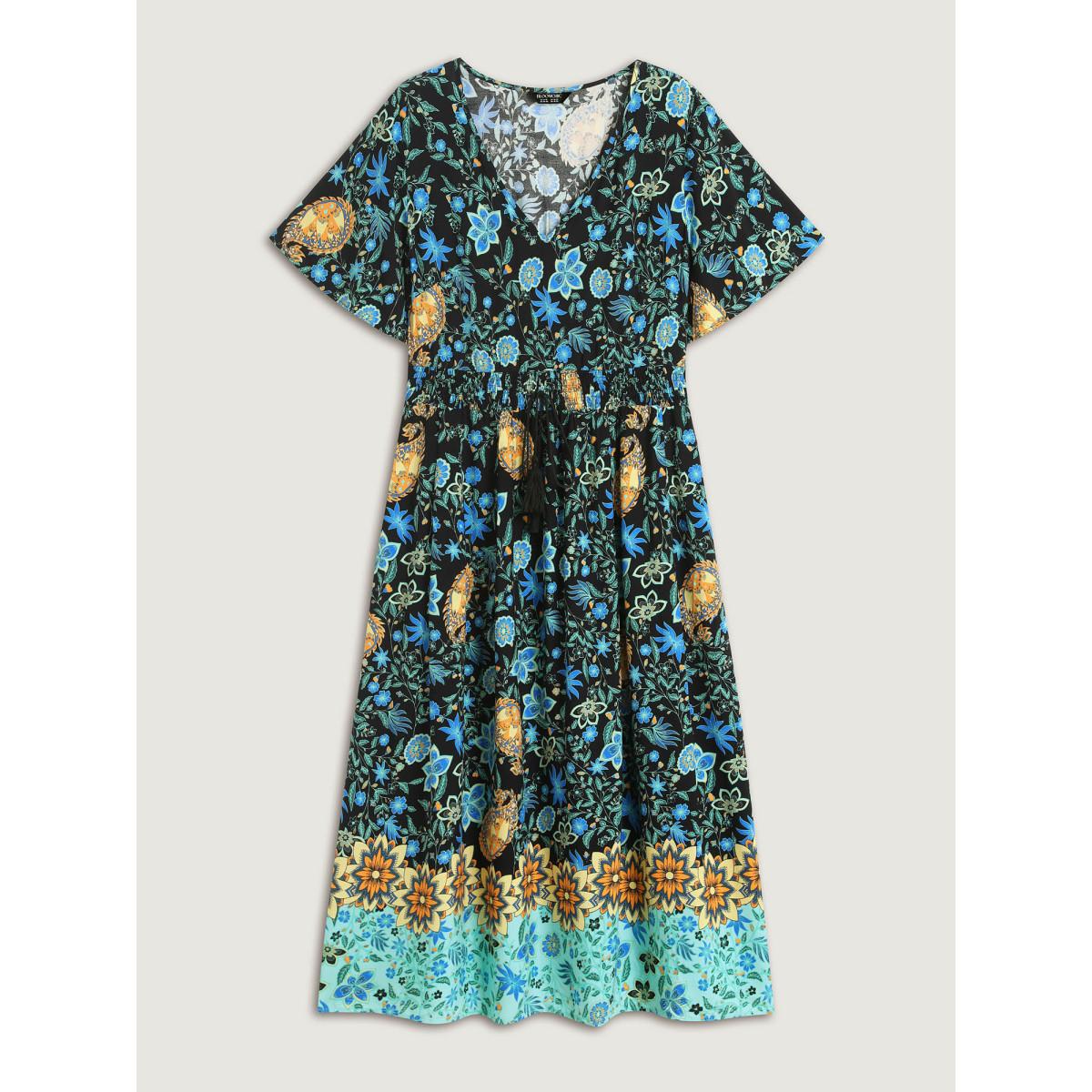 Plus Size Rayon Paisley Print Shirred Midi Dress Black Women Boho V-neck Short sleeve Curvy BloomChic 10/M Product Image