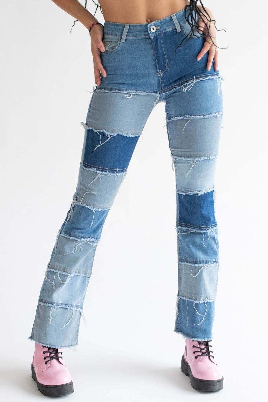 Patchwork Stretch Denim Bell Bottoms Product Image