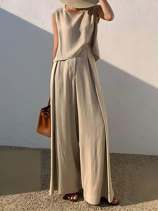 Loose Short Sleeves Hollow Solid Color Split-Joint Round-Neck Vest Top Product Image