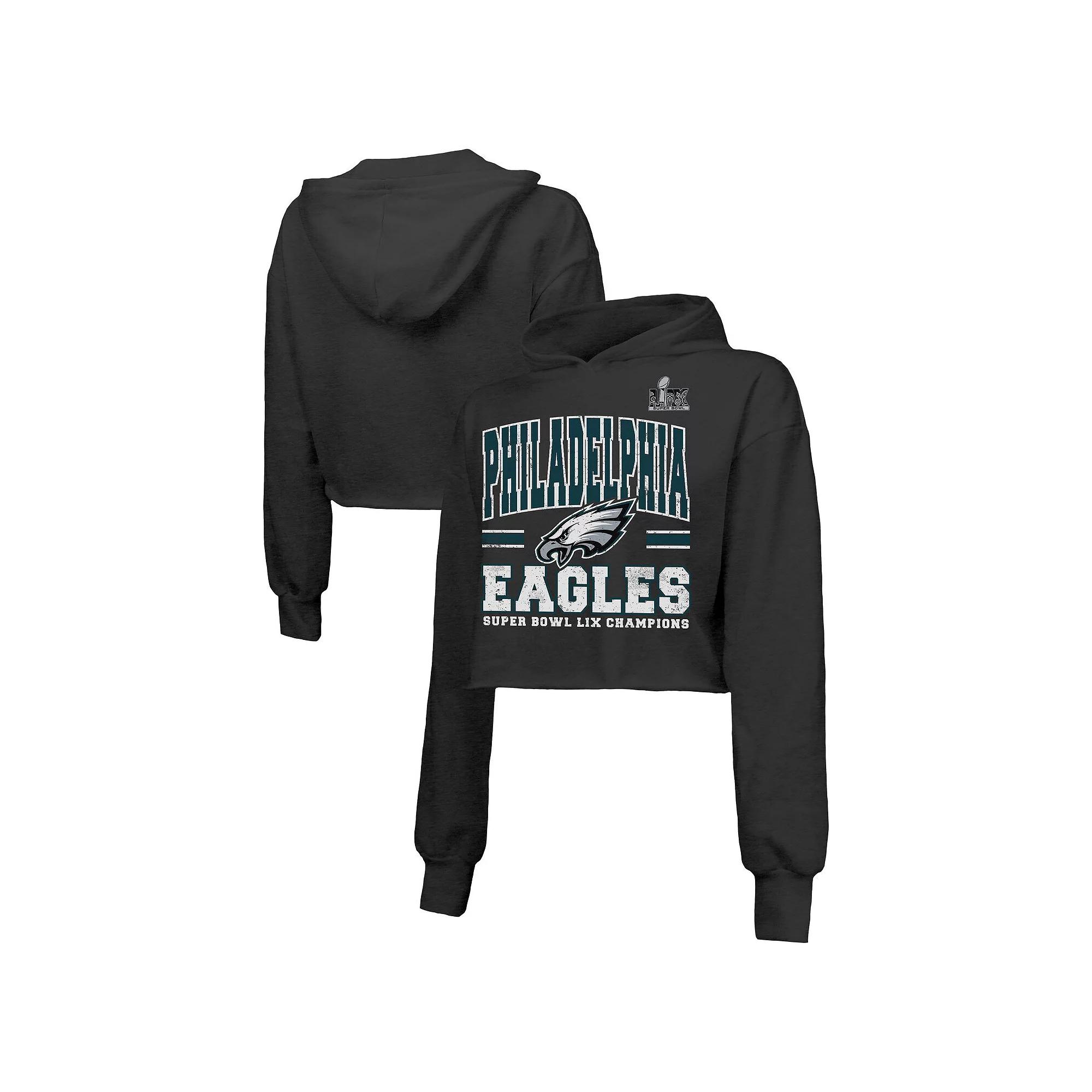 Women's Majestic Threads  Black Philadelphia Eagles Super Bowl LIX Champions Fair Catch Tri-Blend Cropped Pullover Hoodie, Size: XL, Team Product Image
