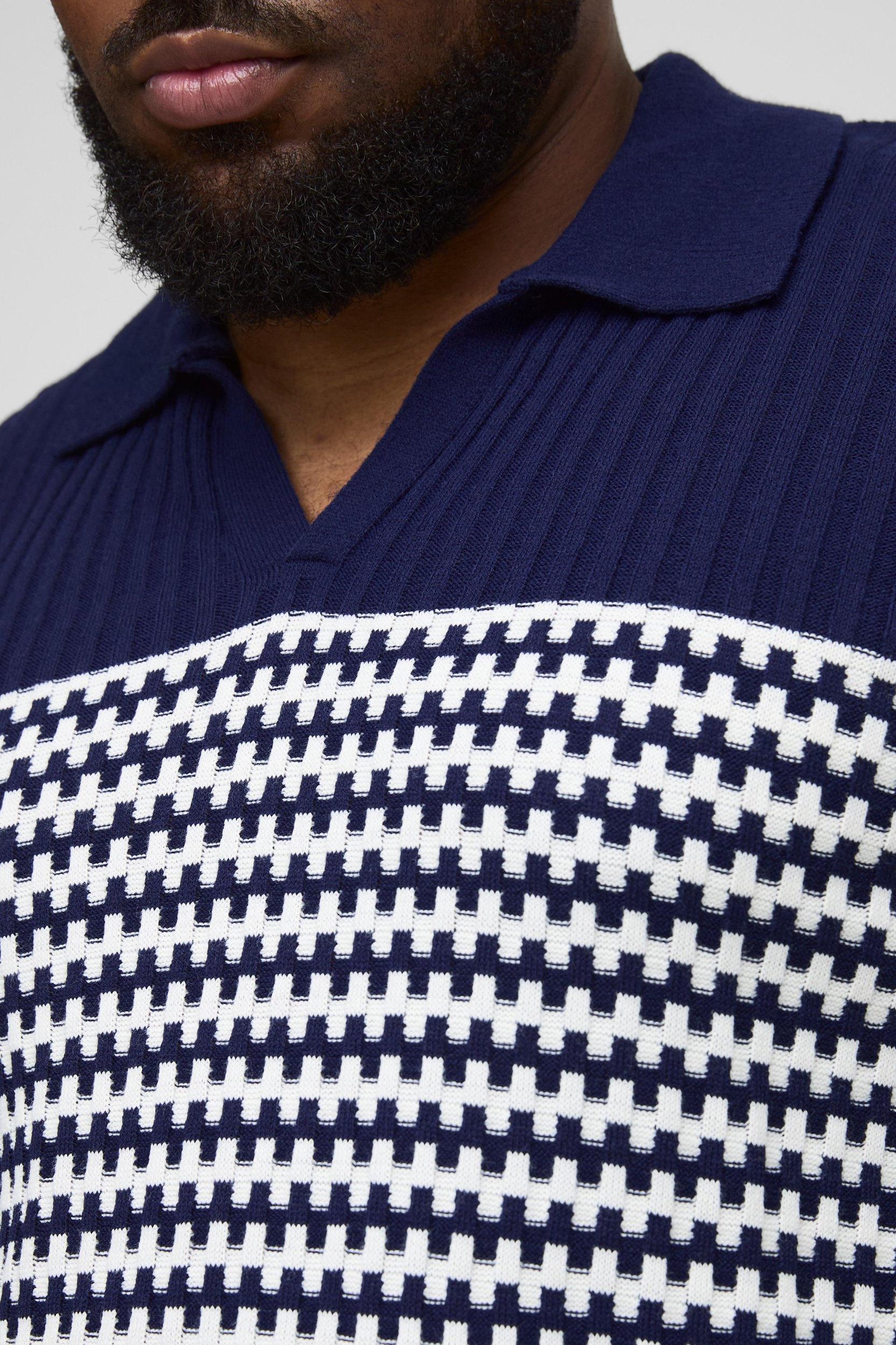 Plus Oversized Boxy V Neck Striped Knitted Polo | boohooMAN USA Product Image