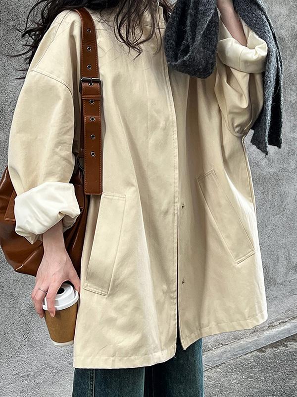 Long Sleeves Loose Pockets Solid Color Stand Collar Outerwear Trench Coats Product Image