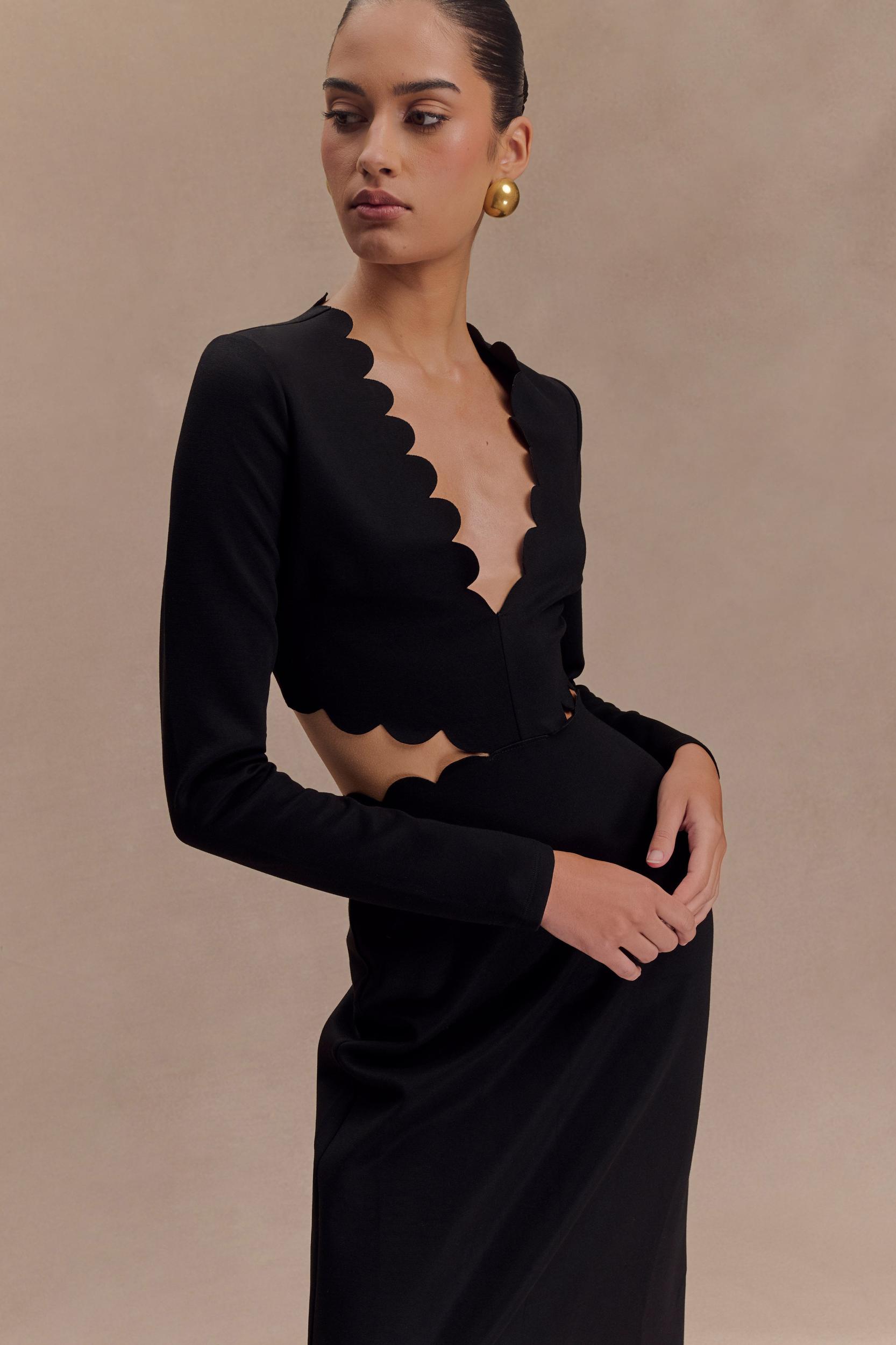 Cynthia Scalloped Halter Maxi Dress - Black Product Image