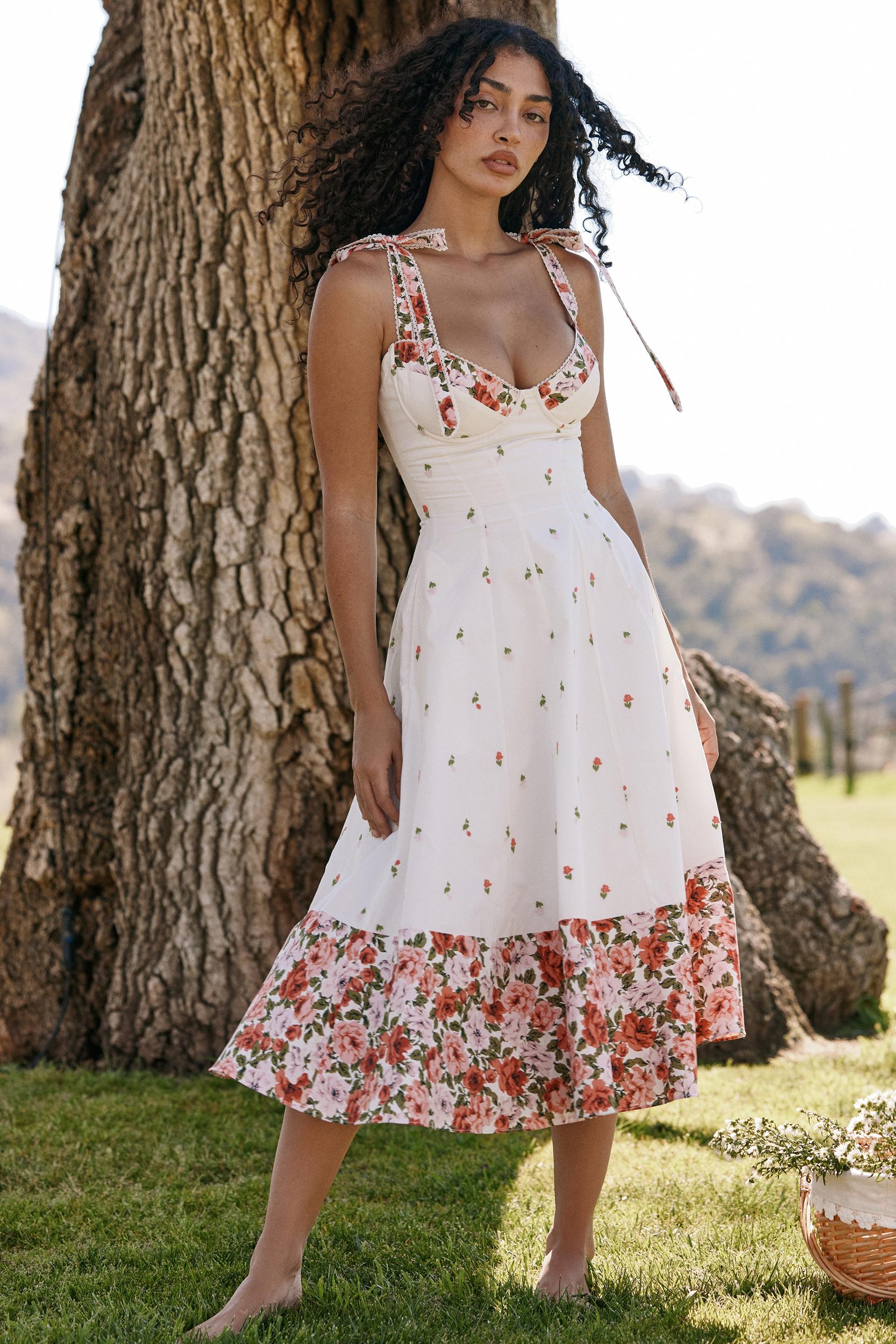 Emely  white floral print stretch cotton midi sundress Product Image