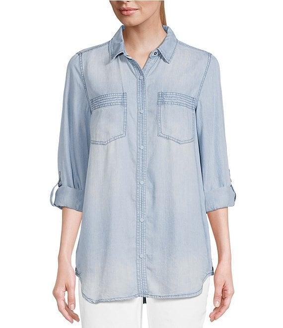 Intro Long Roll-Tab Sleeve Button Front Slub Lyocell Shirt Product Image