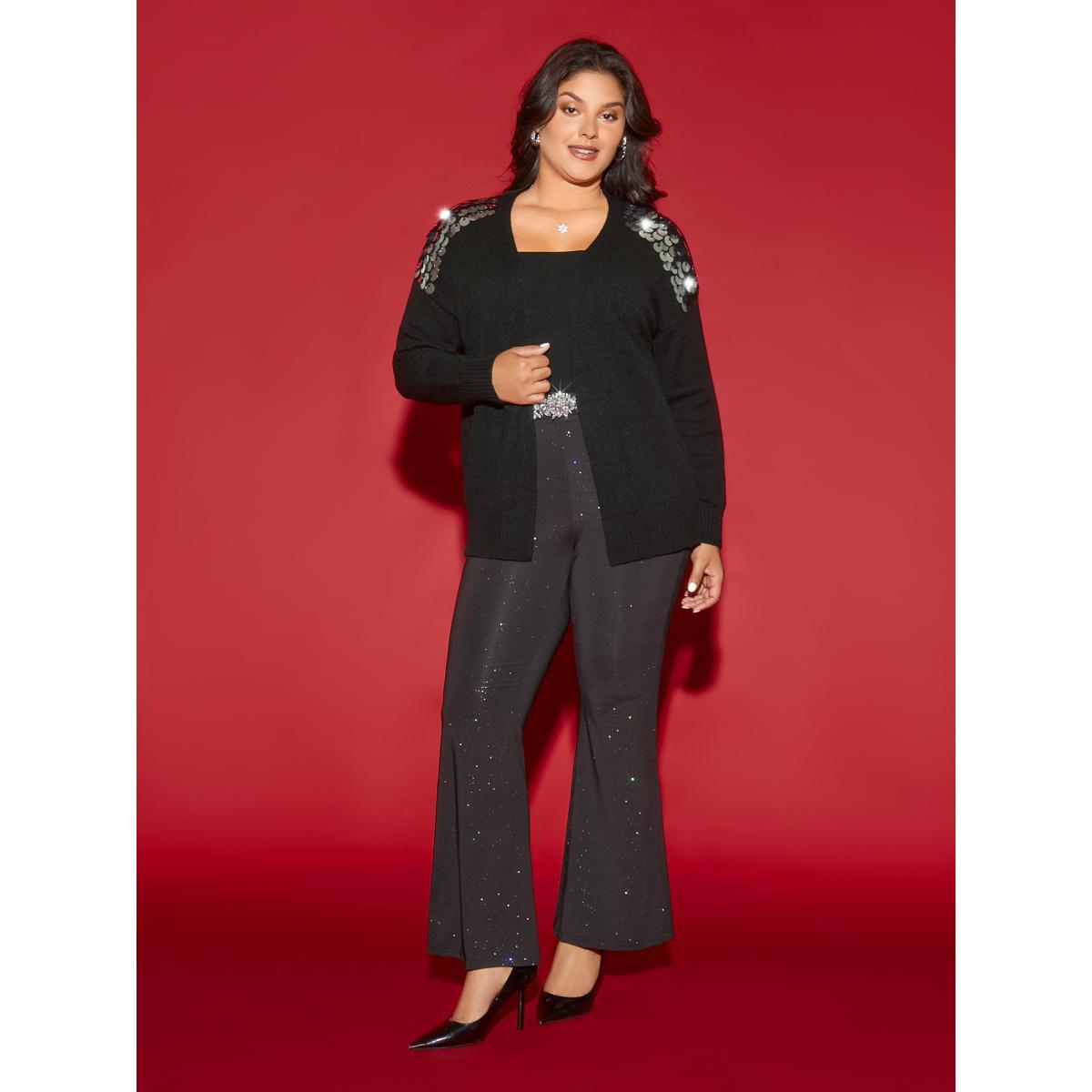 Plus Size Supersoft Essentials Silver Sequins Shoulder Open Cardigan Black Women Cocktail Loose Long Sleeve Party Cardigans BloomChic 28/5X Product Image