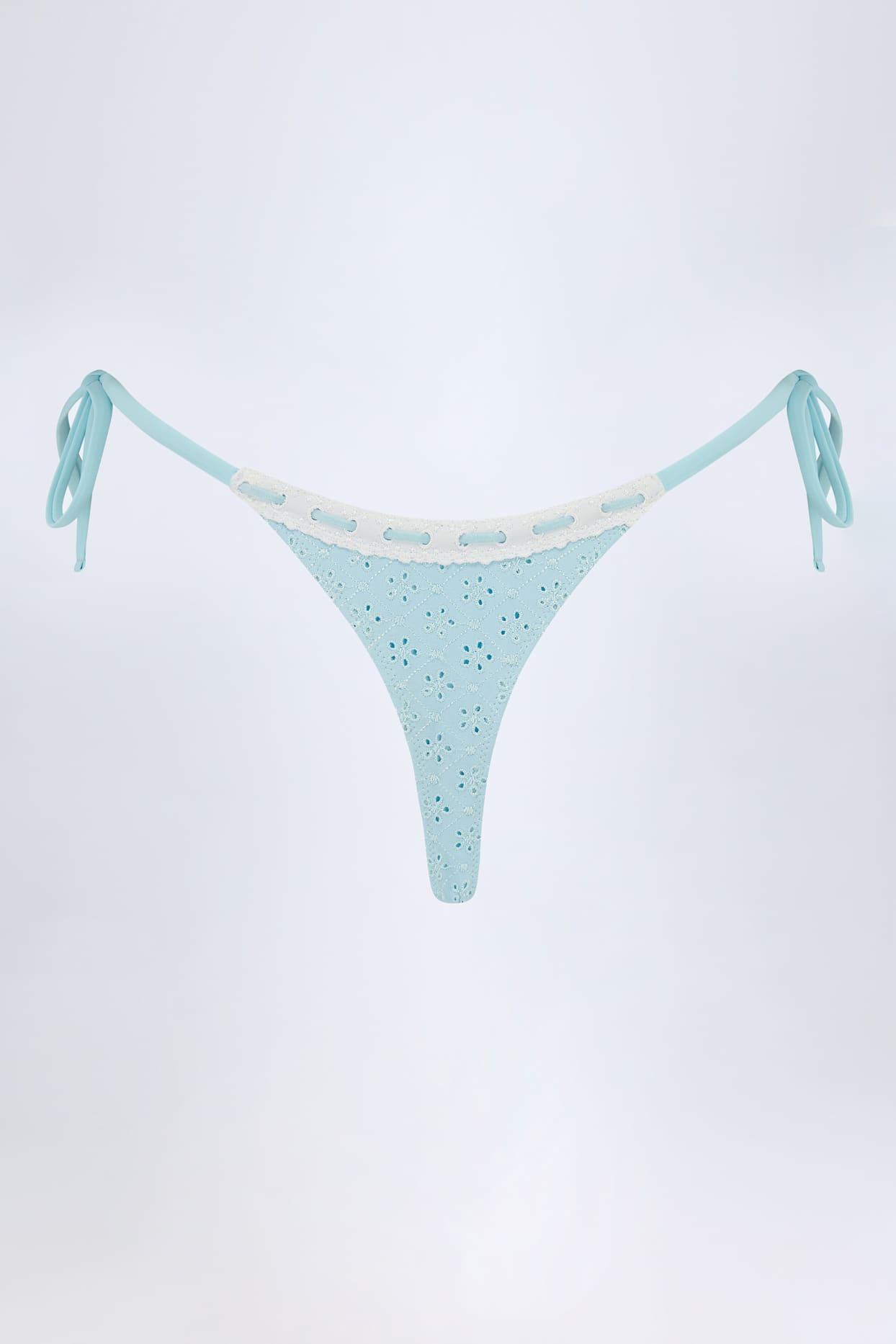 Broderie Anglaise Side-Tie Thong Bikini Bottoms in Powder Blue Product Image