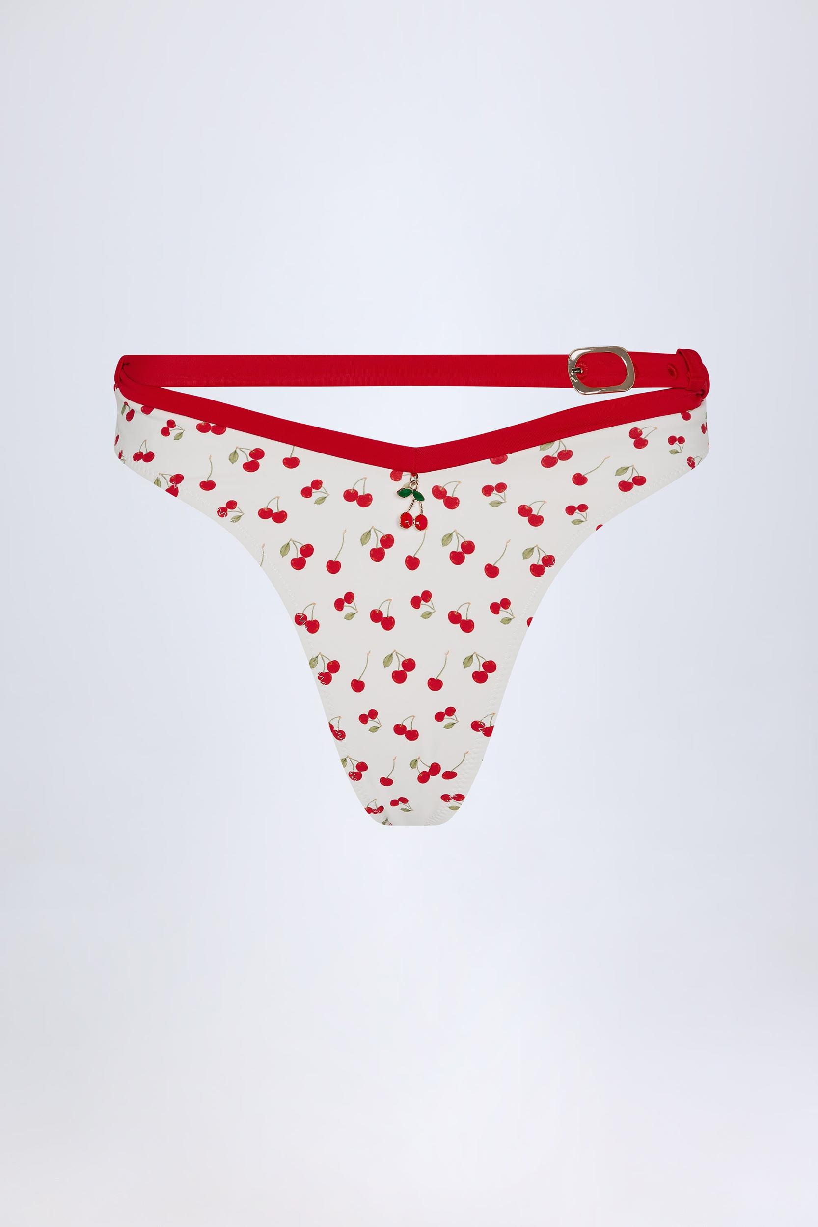Contrast Belted Thong Bikini Bottoms in Cherry Print Product Image