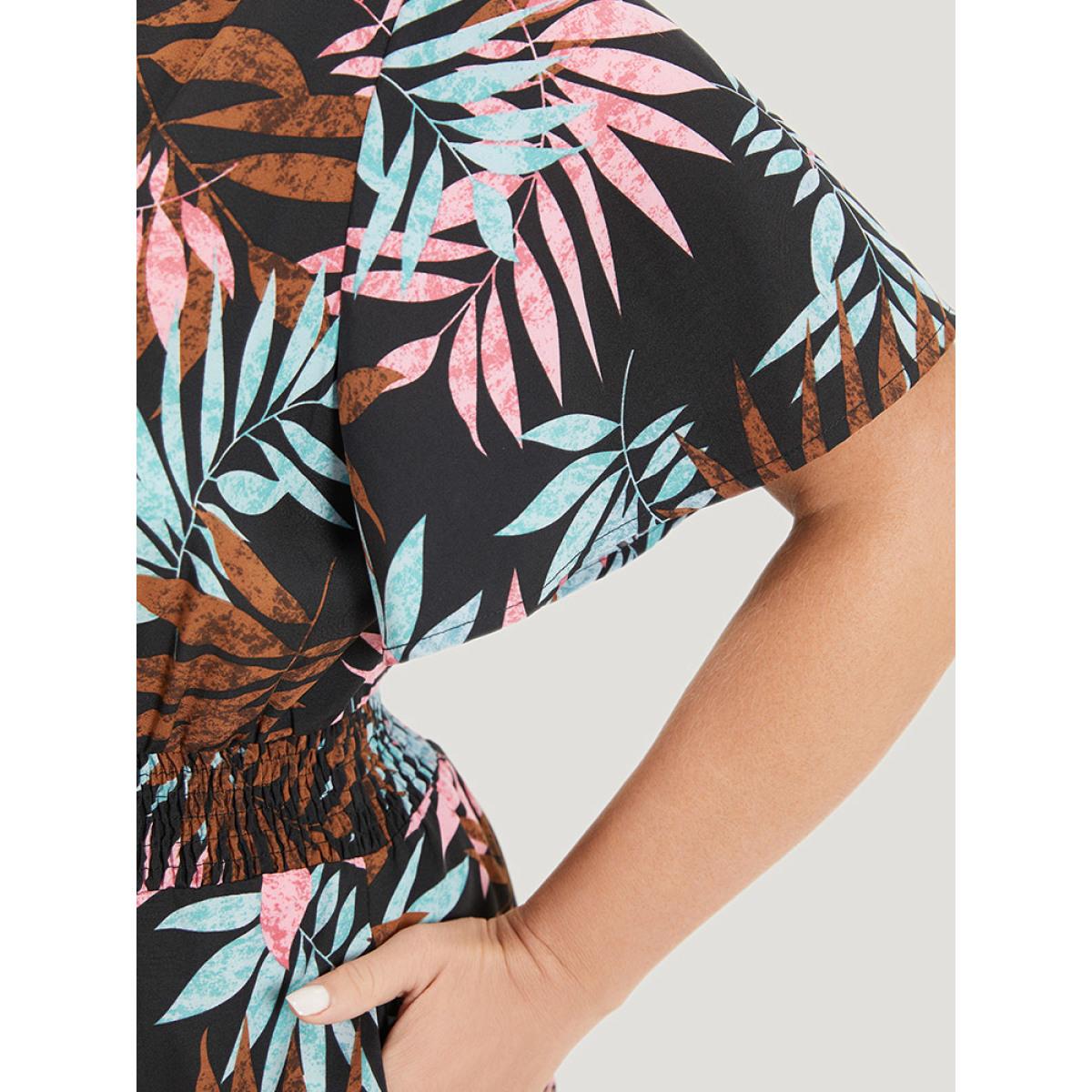 Plus Size Black Tropical Print Knot Neck Shirred Wrap Jumpsuit Women Elegant Short sleeve Tie Neck Dailywear Loose Jumpsuits BloomChic 12/L Product Image