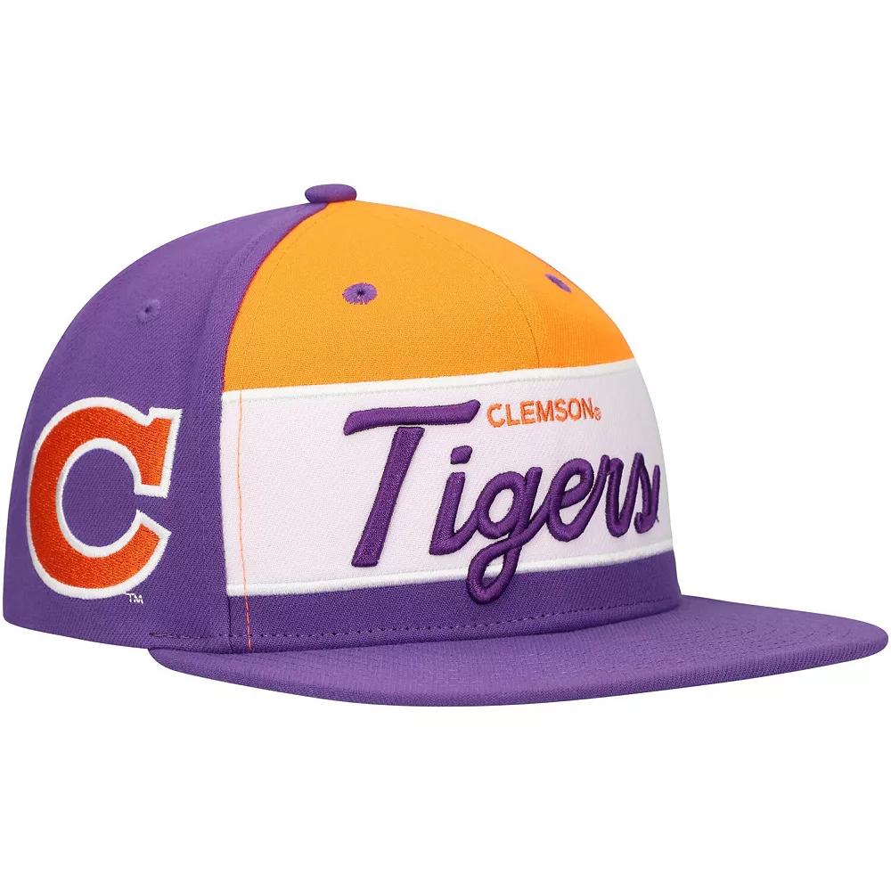 Men's Mitchell & Ness White/Purple Clemson Tigers Retro Sport Color Block Script Snapback Hat Product Image