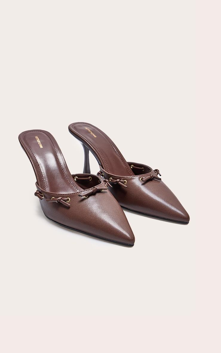 Chocolate Pu Point Toe Bow Mid Stiletto Heeled Court Mules Product Image