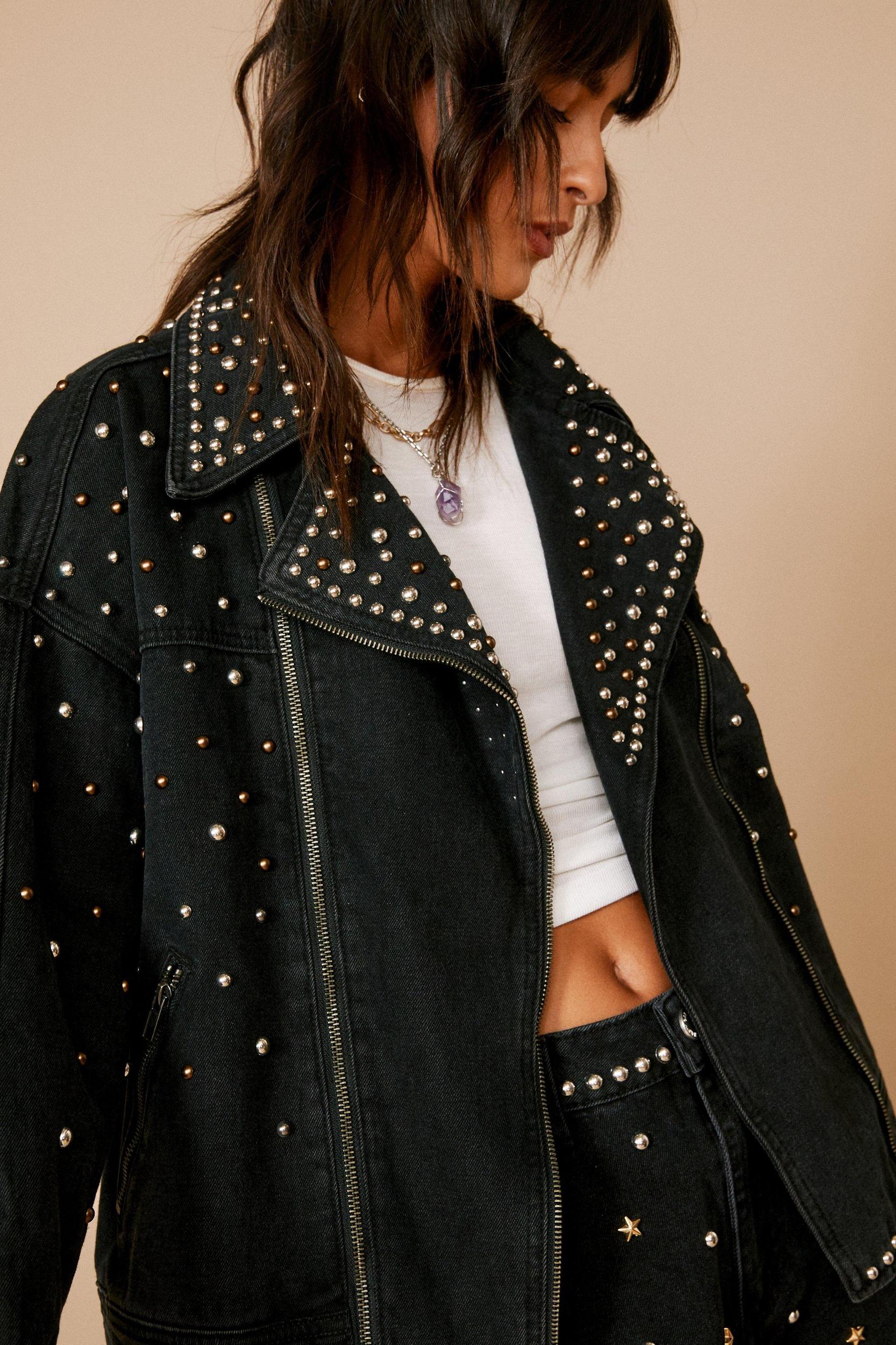 Premium Embellished Studded Denim Moto Jacket Product Image