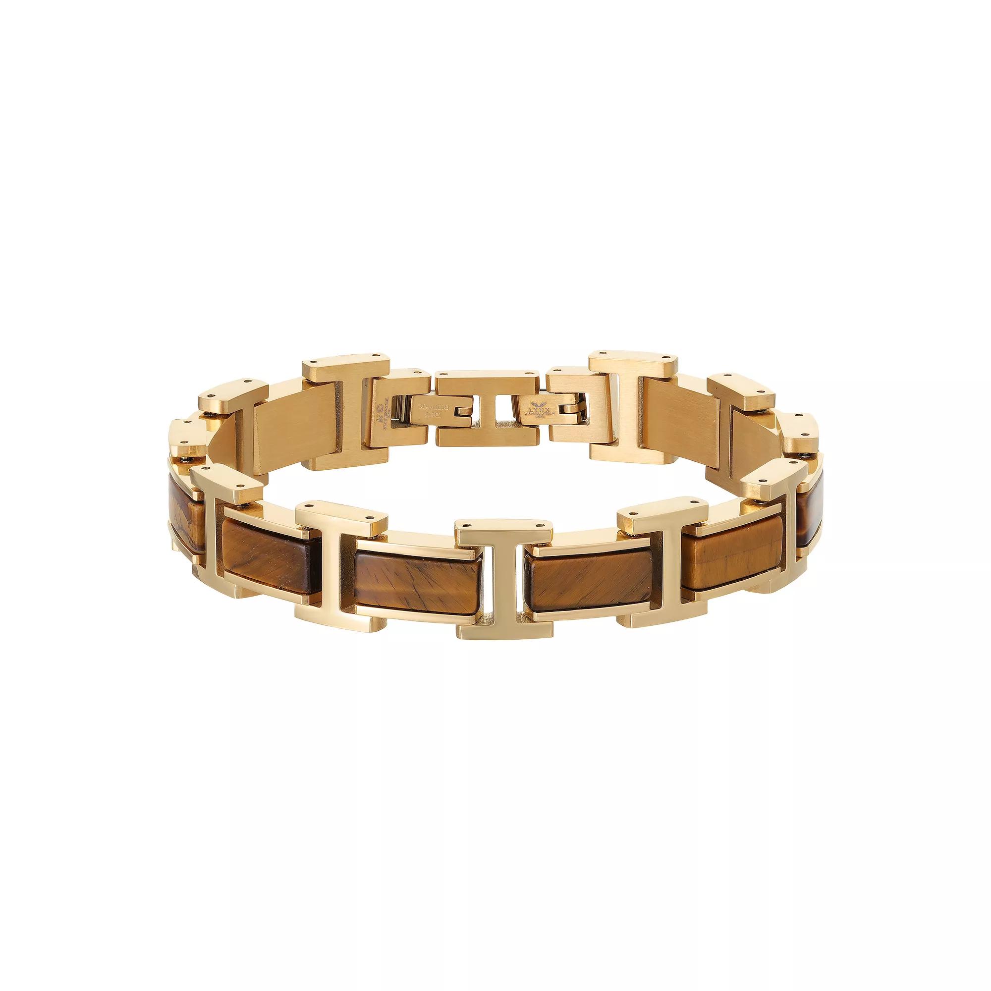 LYNX Men's Gold Tone Ion-Plated Stainless Steel Tiger Eye Bracelet, Size: 8.5" Product Image