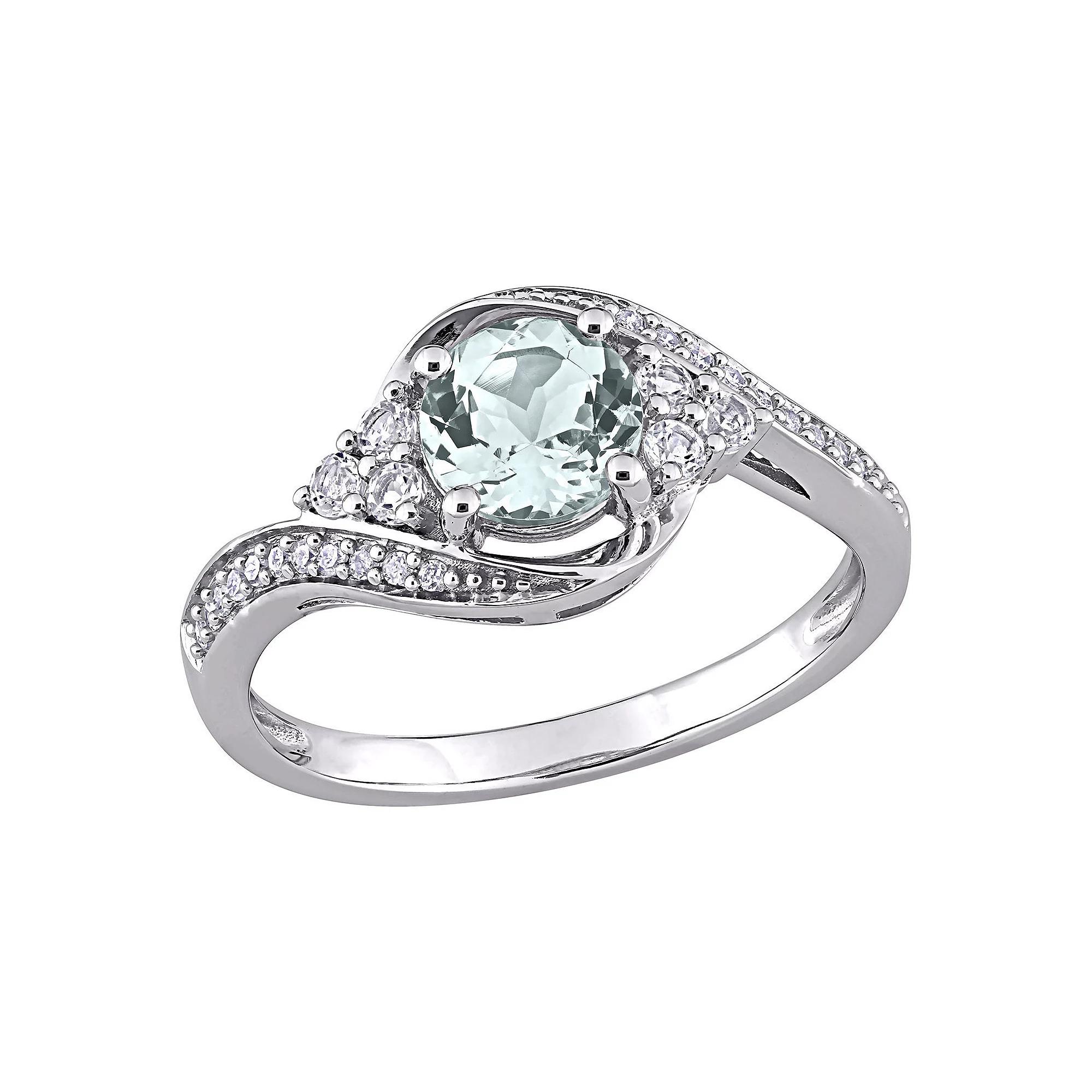 Stella Grace 10K White Gold Aquamarine, White Topaz & 1/10 Carat T.W. Diamond Ring, Women's,  Product Image