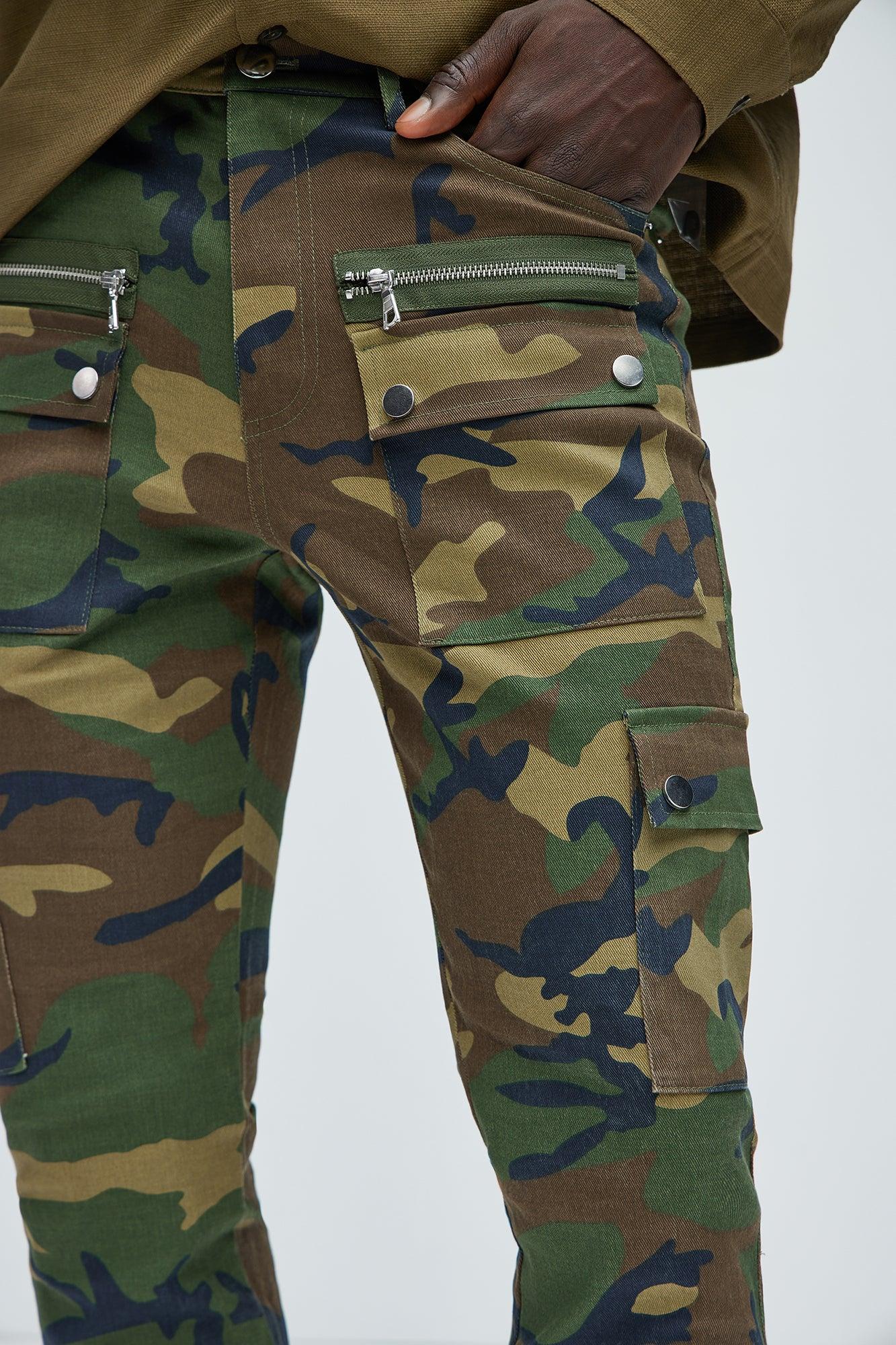 On The Verge Waxed Zipper Skinny Flare Cargo Pants - Camouflage Product Image