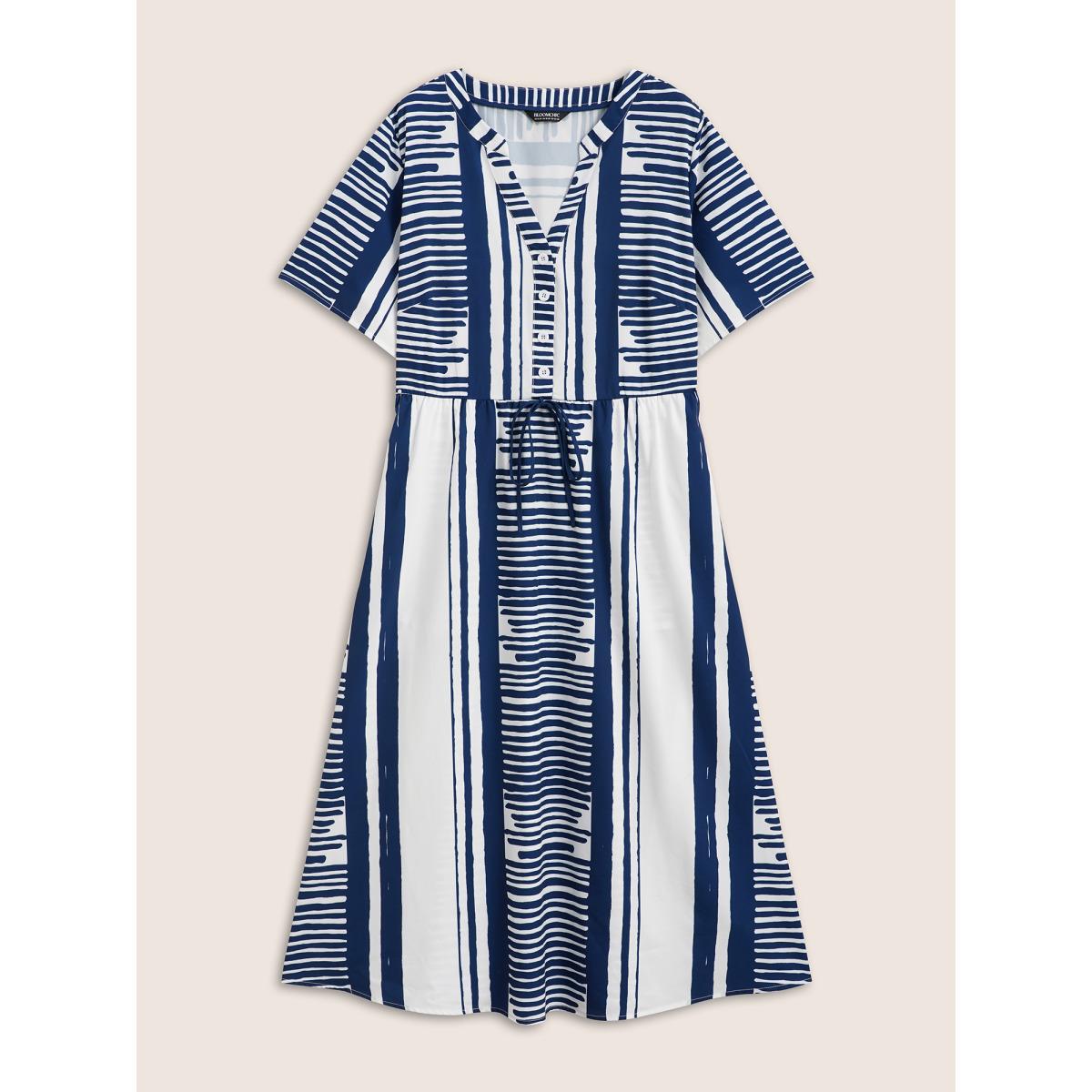 Plus Size Notched Collar Striped Patchwork Drawstring Dress DarkBlue Women At the Office Tie knot Notched collar Short sleeve Curvy BloomChic 14-16/1X Product Image