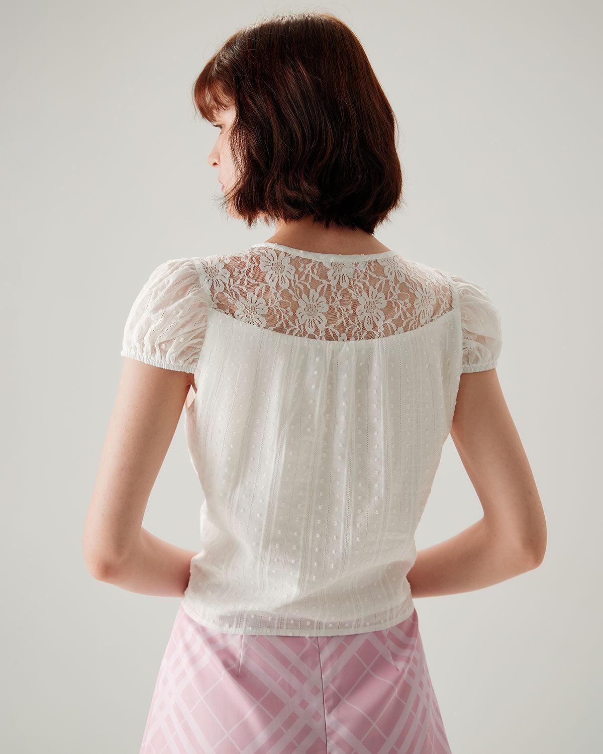 White Lace Puffed Sleeve Tee Product Image