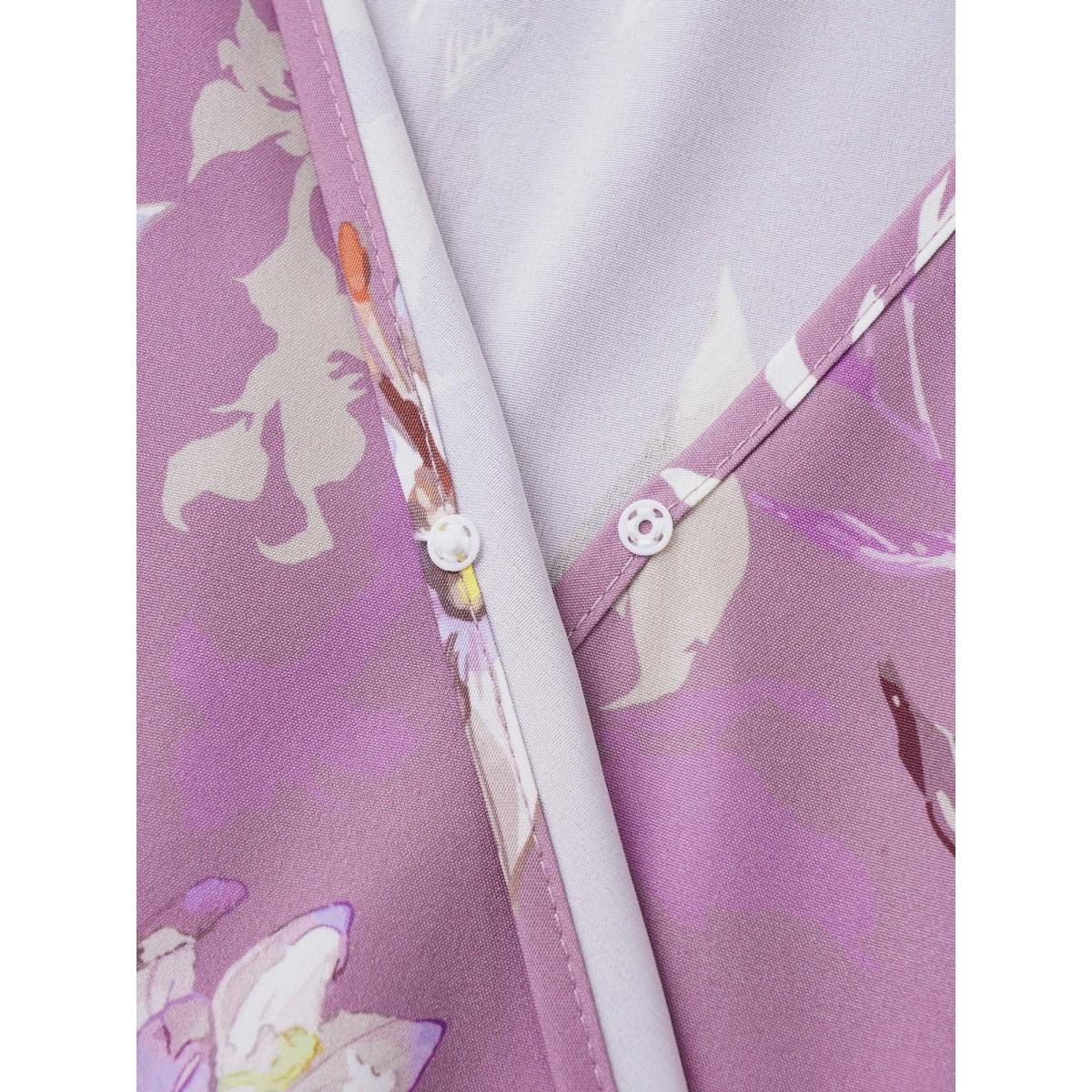 Plus Size Floral Print Pocket Wrap Belted Dress Lilac Women Elegant Non Overlap Collar Short sleeve Curvy Midi Dress BloomChic 22-24/3X Product Image
