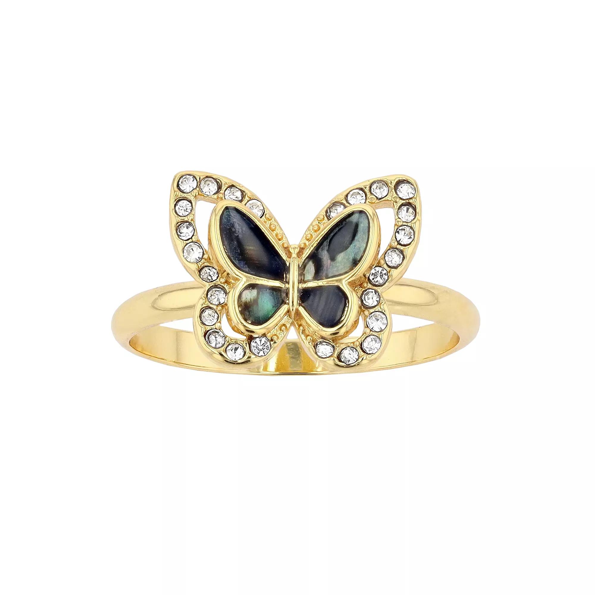 City Luxe 14k Gold-Plated Abalone & Crystal Butterfly Ring, Women's, Size: 7, Gold Tone Product Image