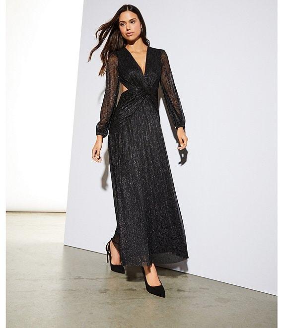 Gianni Bini Hazel Metallic Chiffon V-Neck Long Sleeve Cut Out Dress Product Image