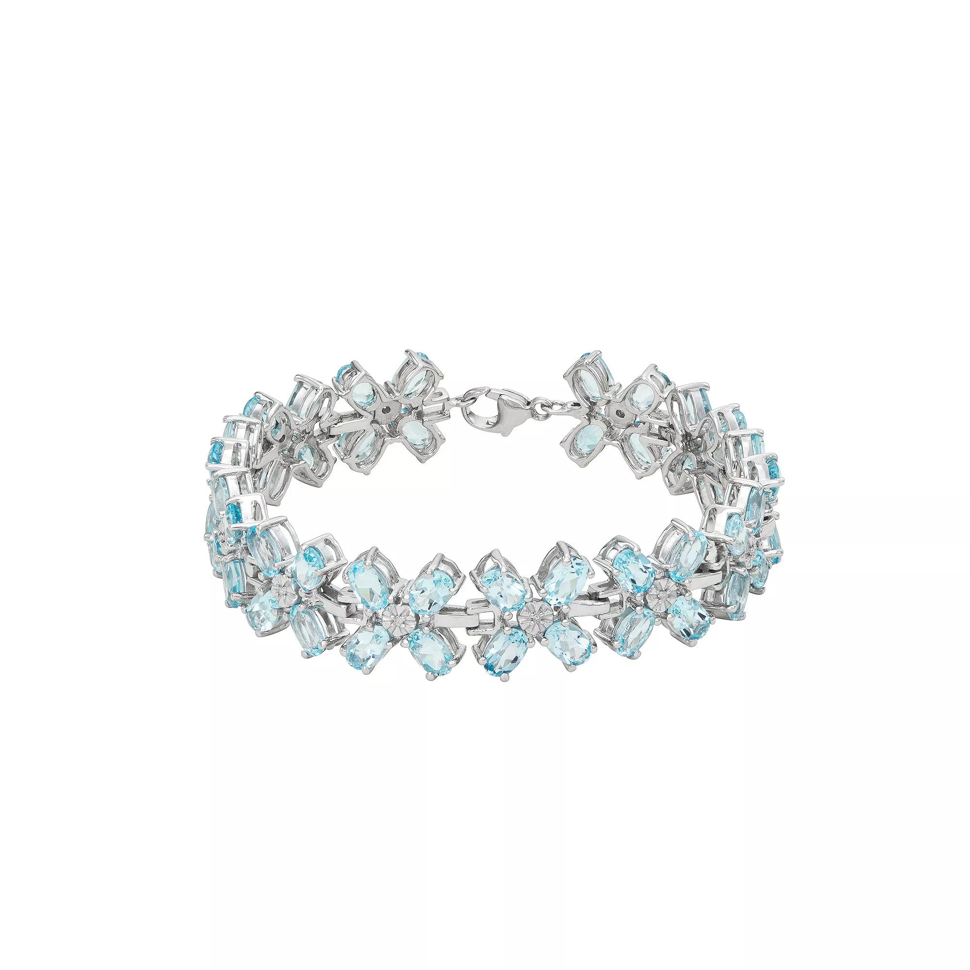 Jewelexcess Sterling Silver Genuine Blue Topaz & Diamond Accent Floral Bracelet, Women's, Size: 7" Product Image