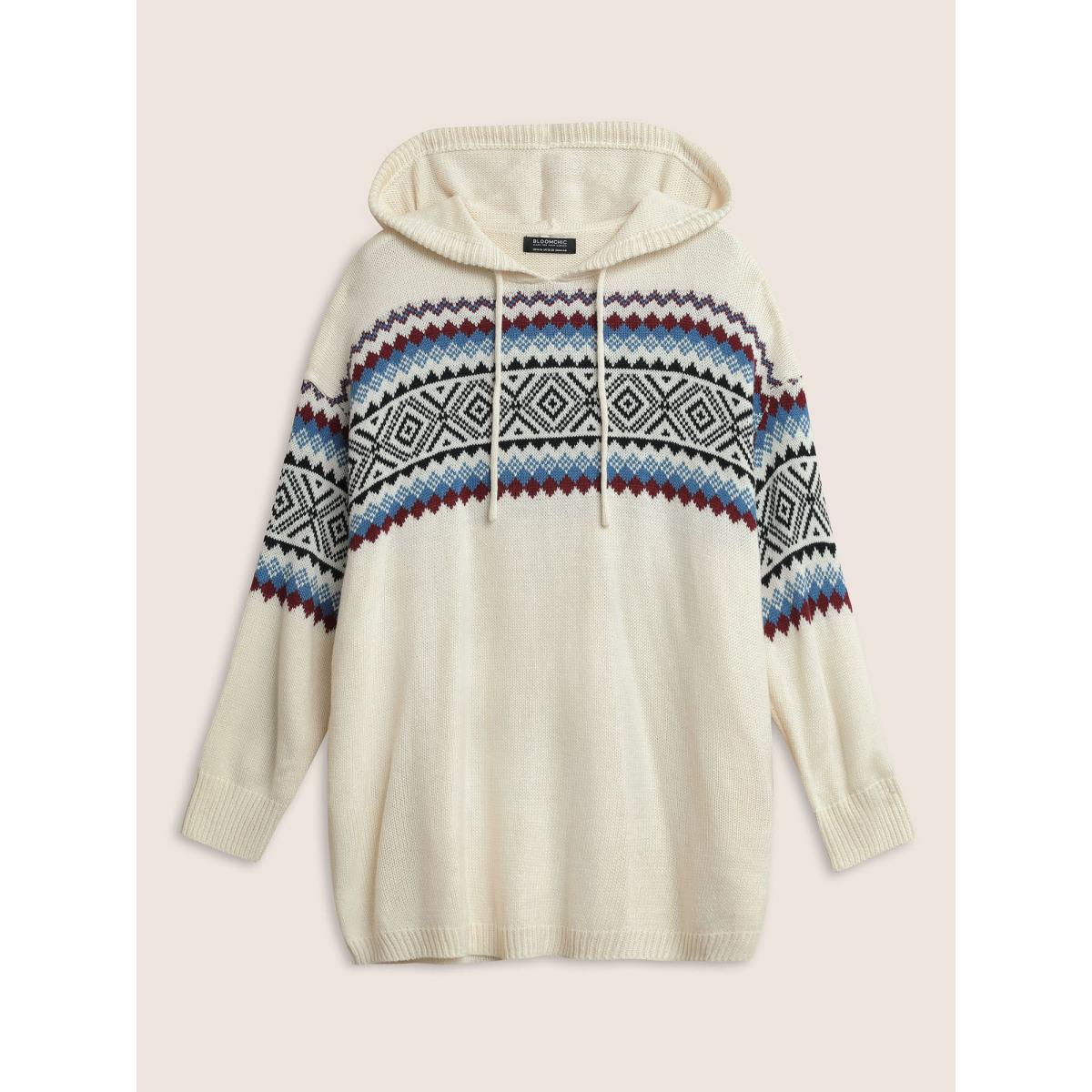 Plus Size Geometric Jacquard Drop Shoulder Drawstring Pullover Ivory Women Casual Loose Long Sleeve Hooded Everyday Pullovers BloomChic 30/6X Product Image