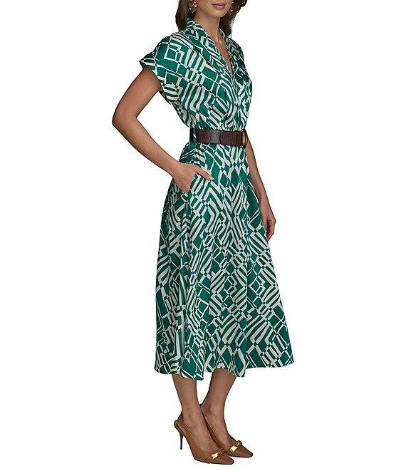 Donna Karan Twill Collared V-Neck Short Sleeve Belted A-Line Midi Dress Product Image