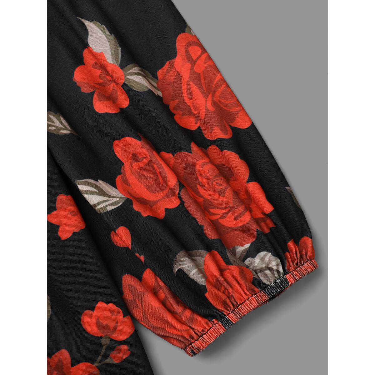 Plus Size Floral Hem V-Neck Stretchy T-shirt Black Women Elegant Contrast Natural Flowers V-neck Everyday T-shirts BloomChic 10/M Product Image