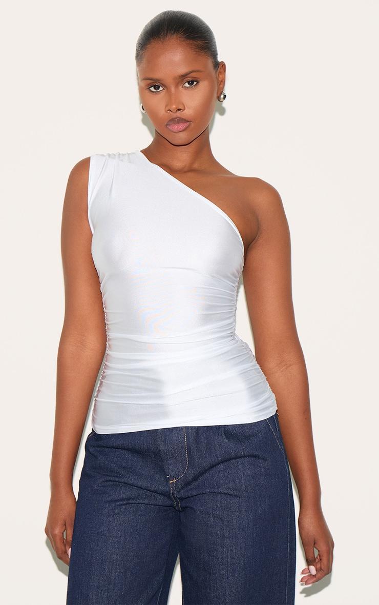 White Stretch Slinky Ruched Side Long Top Product Image
