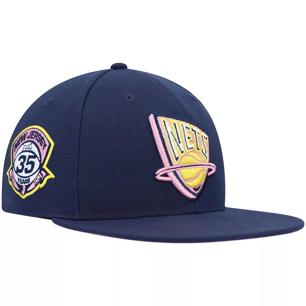 Men's Mitchell & Ness Navy New Jersey Nets 35 Years Burnt Sunrise Fitted Hat,  Product Image
