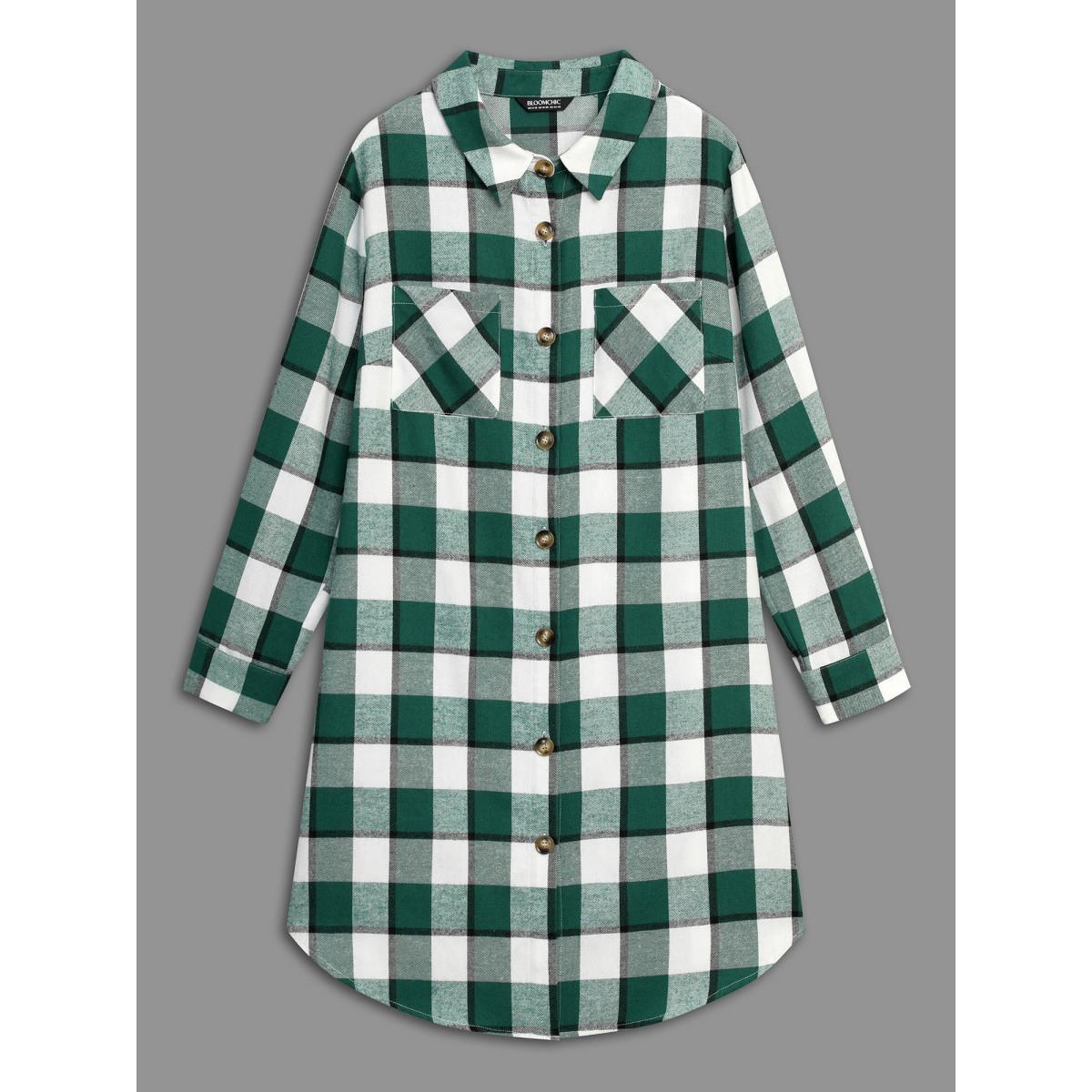 Plus Size Plaid Patched Pocket Arc Hem Jacket Women DarkGreen Button Loose Side seam pocket Everyday Jackets BloomChic 26/4X Product Image