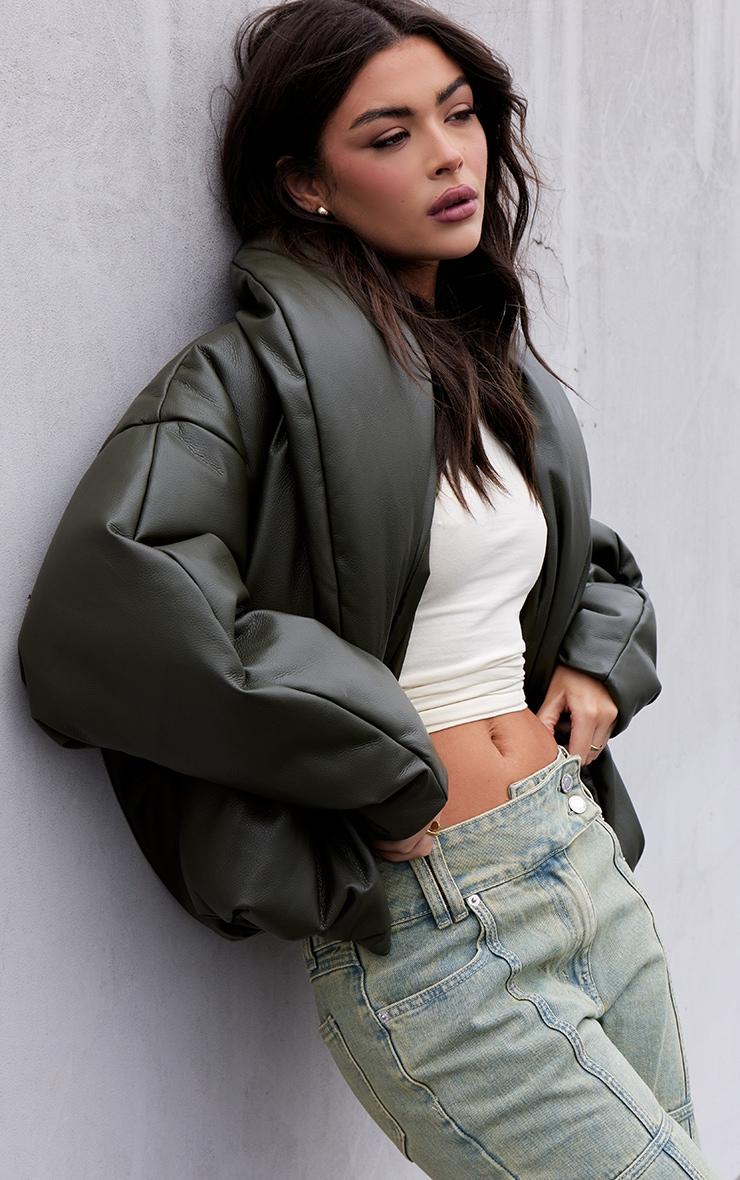 Khaki Exaggerated Collar PU Cropped Puffer Coat Product Image
