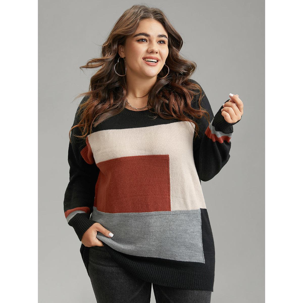 Plus Size Asymmetrical Colorblock Contrast Drop Shoulder Pullover Black Women Casual Loose Long Sleeve Round Neck Dailywear Pullovers BloomChic 28/5X Product Image