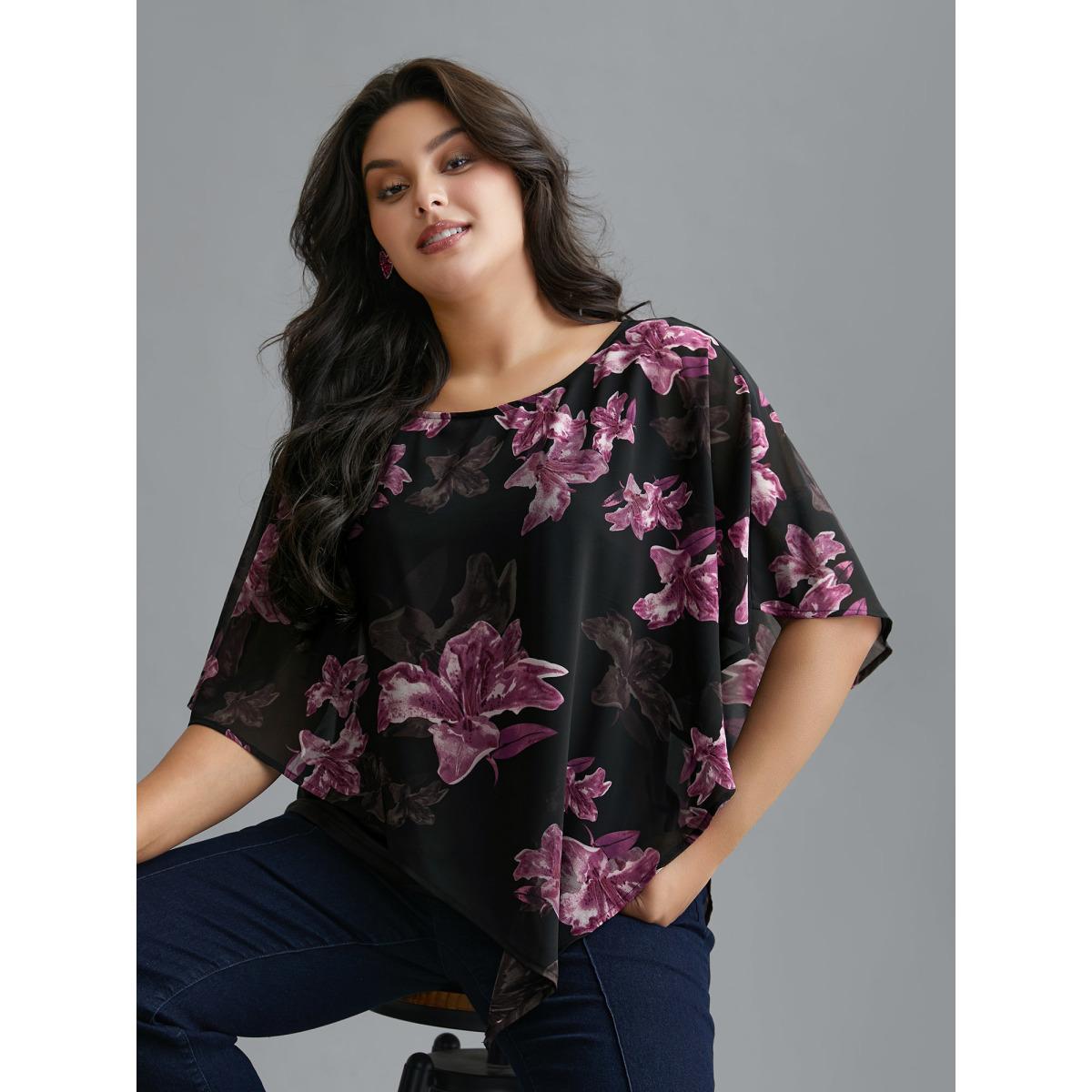 Plus Size Black Floral Asymmetrical Sheer Dolman Sleeve Blouse Women Elegant Elbow-length sleeve Round Neck Everyday Blouses BloomChic 18-20/2X Product Image