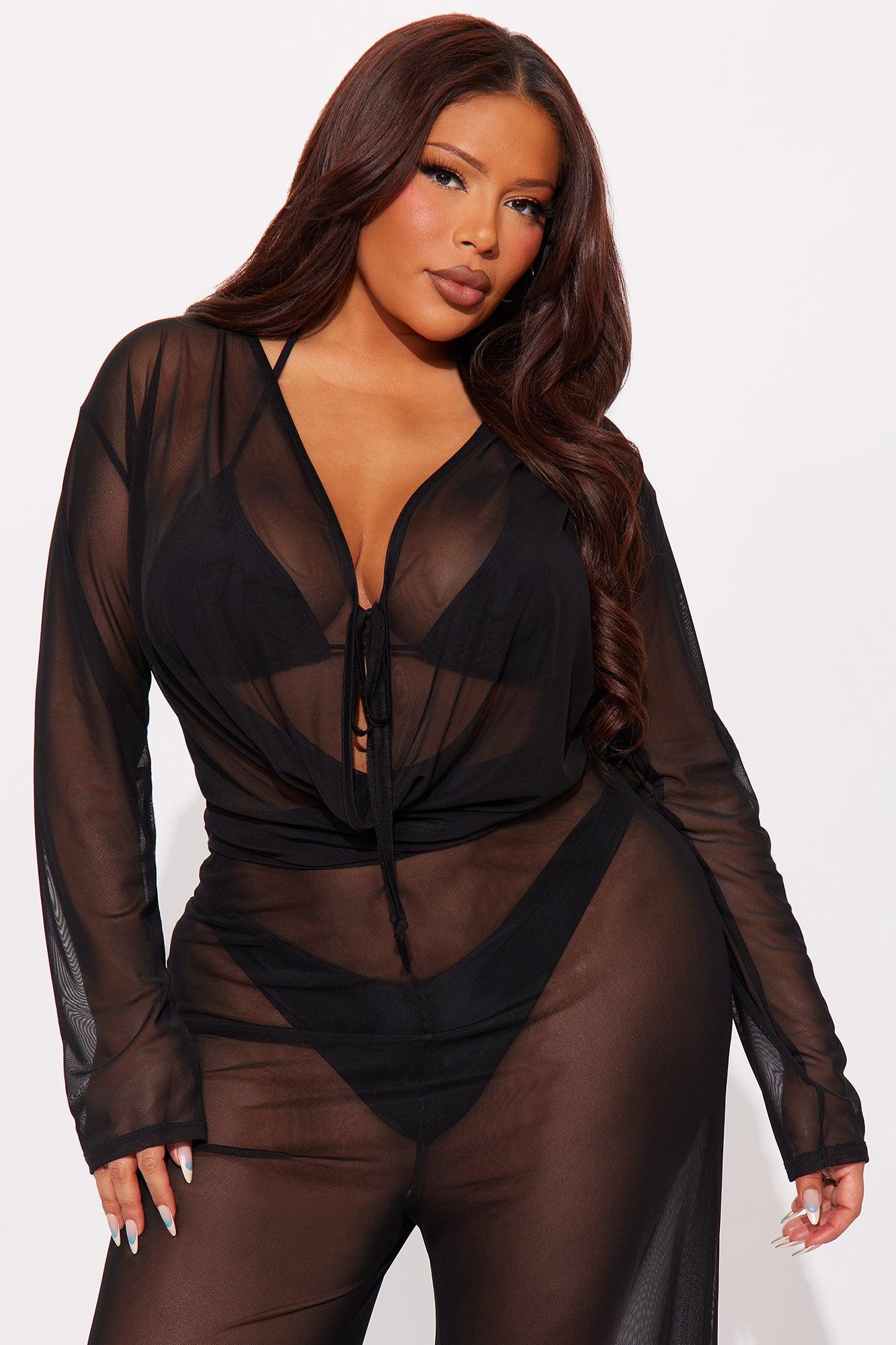 Beach Club Chic Cowl Neck Mesh Cover Up Jumpsuit - Black Female Product Image