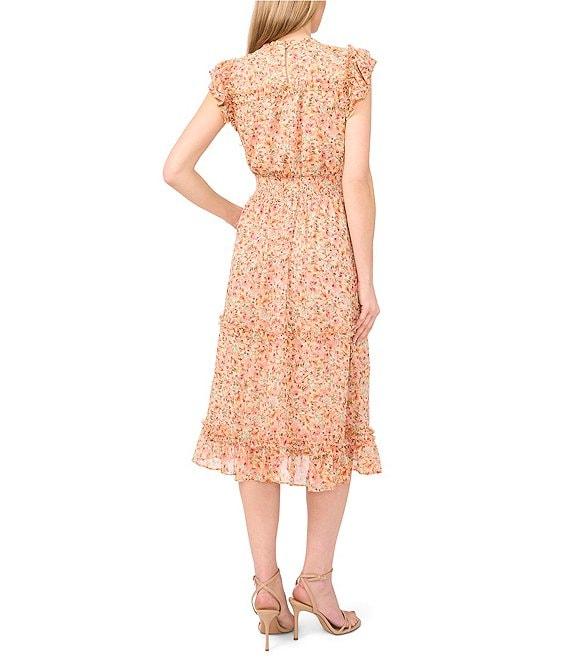 CeCe Floral Print Ruffle Crew Neck Cap Sleeve Smocked Waist Midi A-Line Dress Product Image