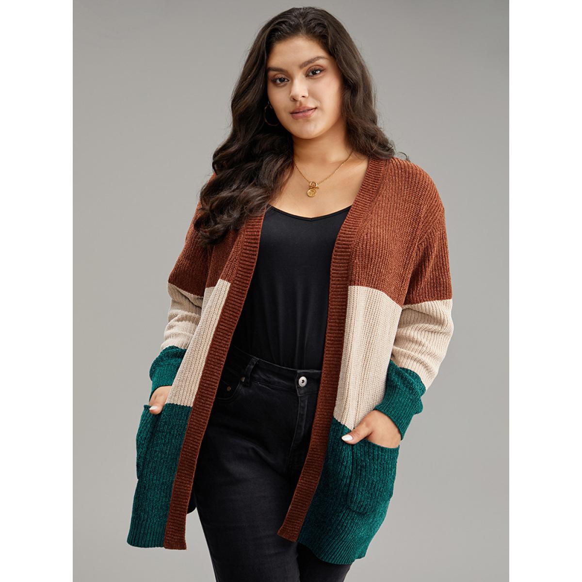Plus Size Open Front Colorblock Patched Pocket Cardigan Multicolor Women Casual Loose Long Sleeve Dailywear Cardigans BloomChic 22-24/3X Product Image
