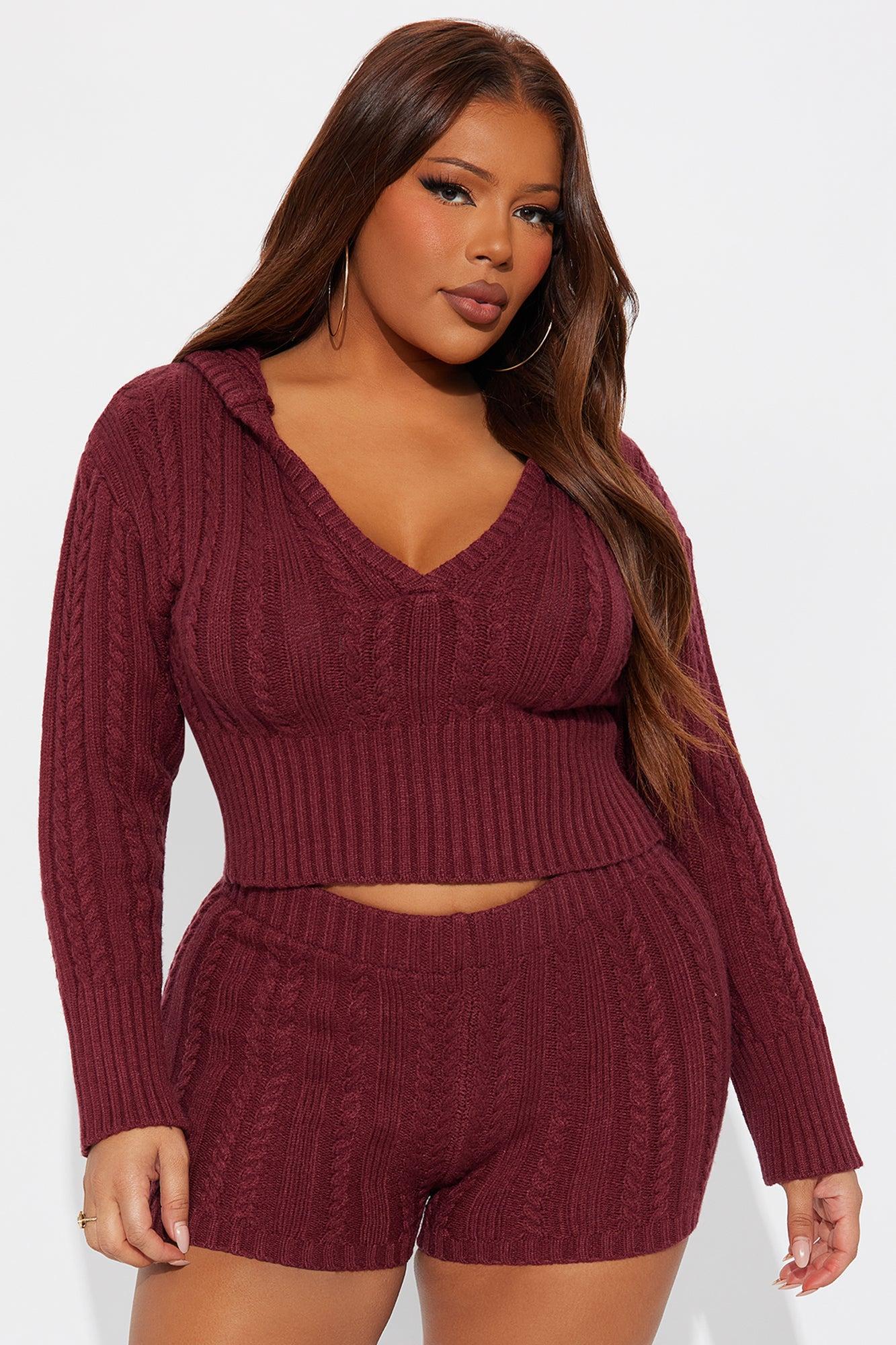 Feeling Some Way Sweater Short Set - Burgundy Female Product Image
