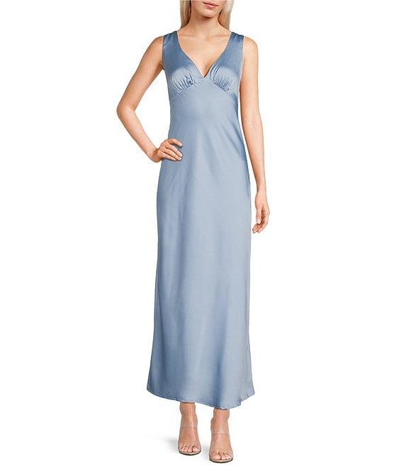 Midnight Doll Satin V-Neck Sleeveless Back Drape Dress Product Image