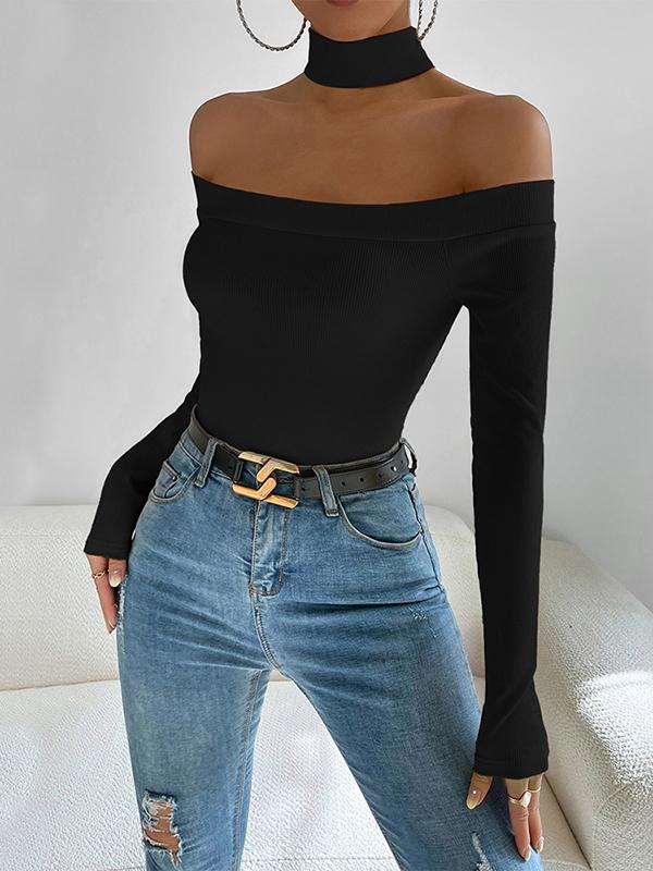 Long Sleeves Skinny Solid Color Off-The-Shoulder T-Shirts Tops Product Image