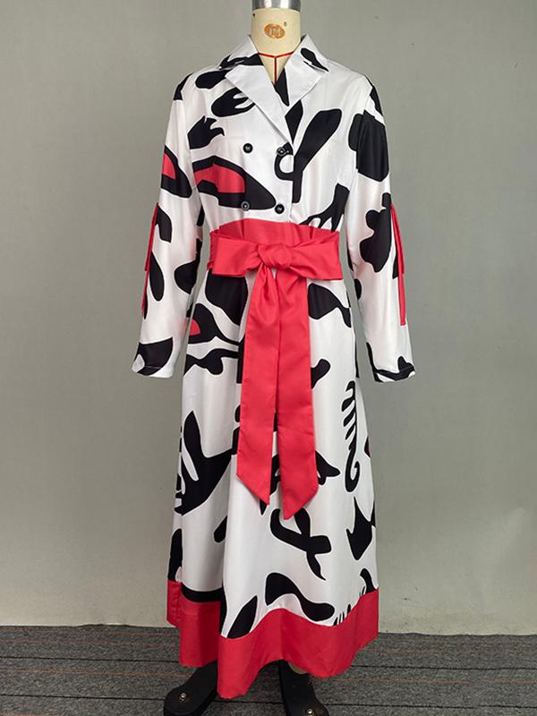 A-Line Long Sleeves Buttoned Contrast Color Tied Waist Notched Collar Maxi Dresses Shirt Dress Product Image