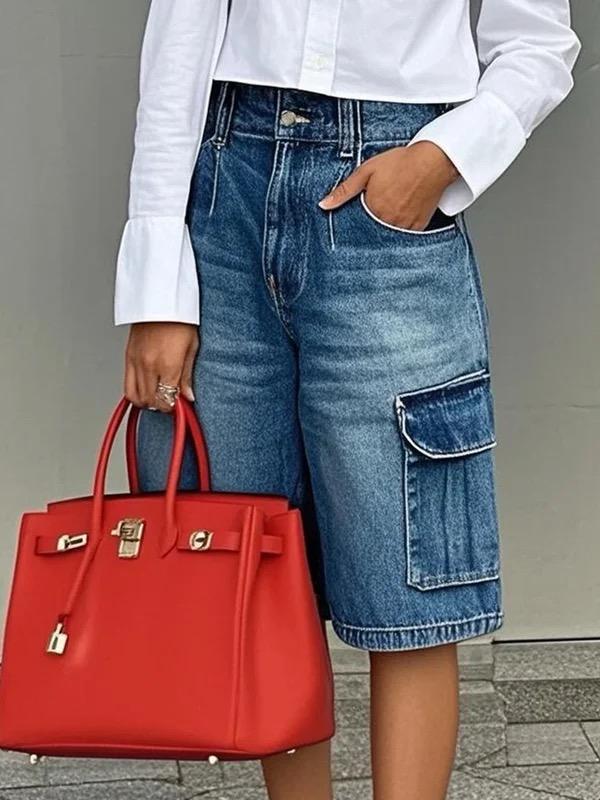 Loose Wide Leg Buttoned Pockets Jean Pants Bottoms Shorts Bottoms Product Image